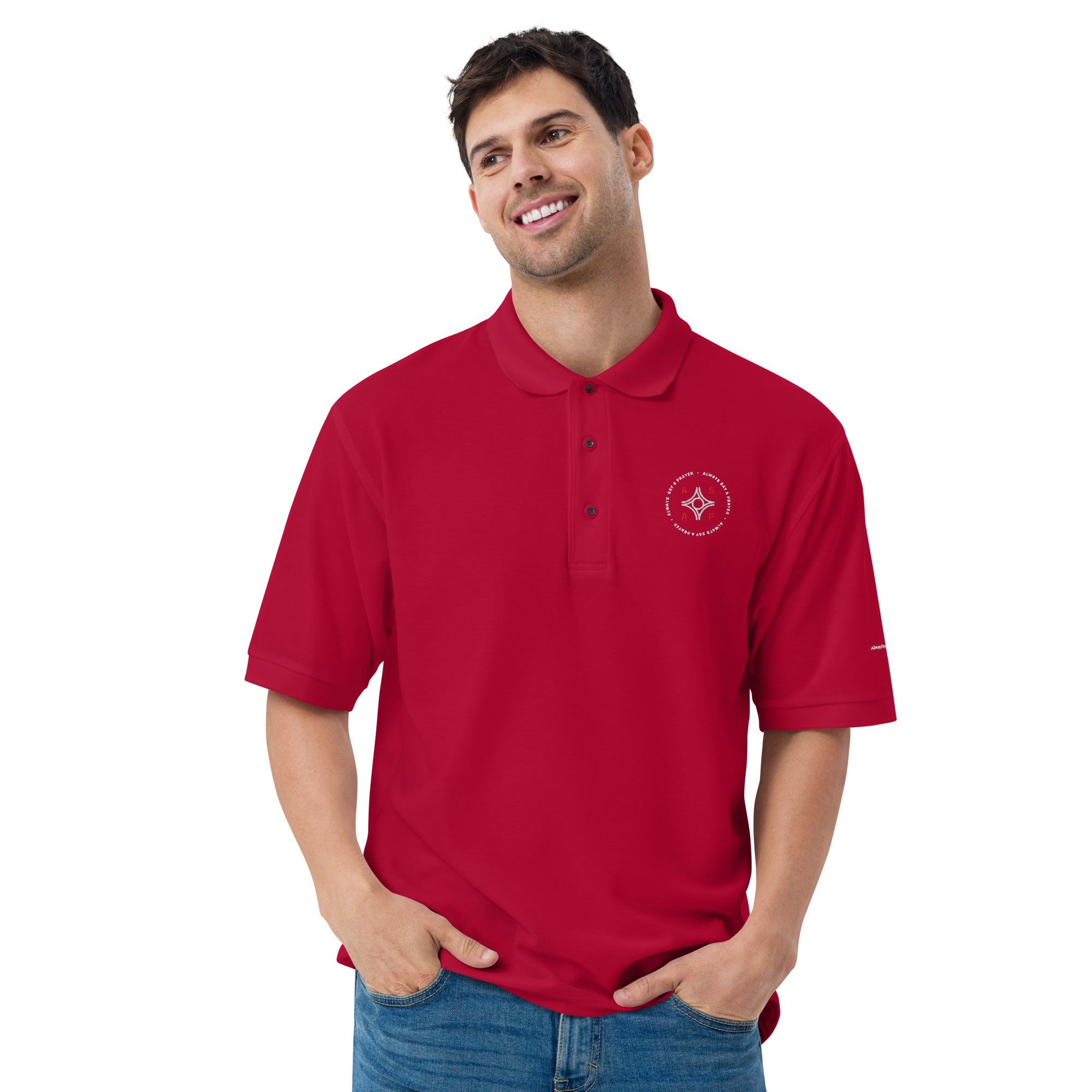men wearing a premium red polo shirt with white asap print