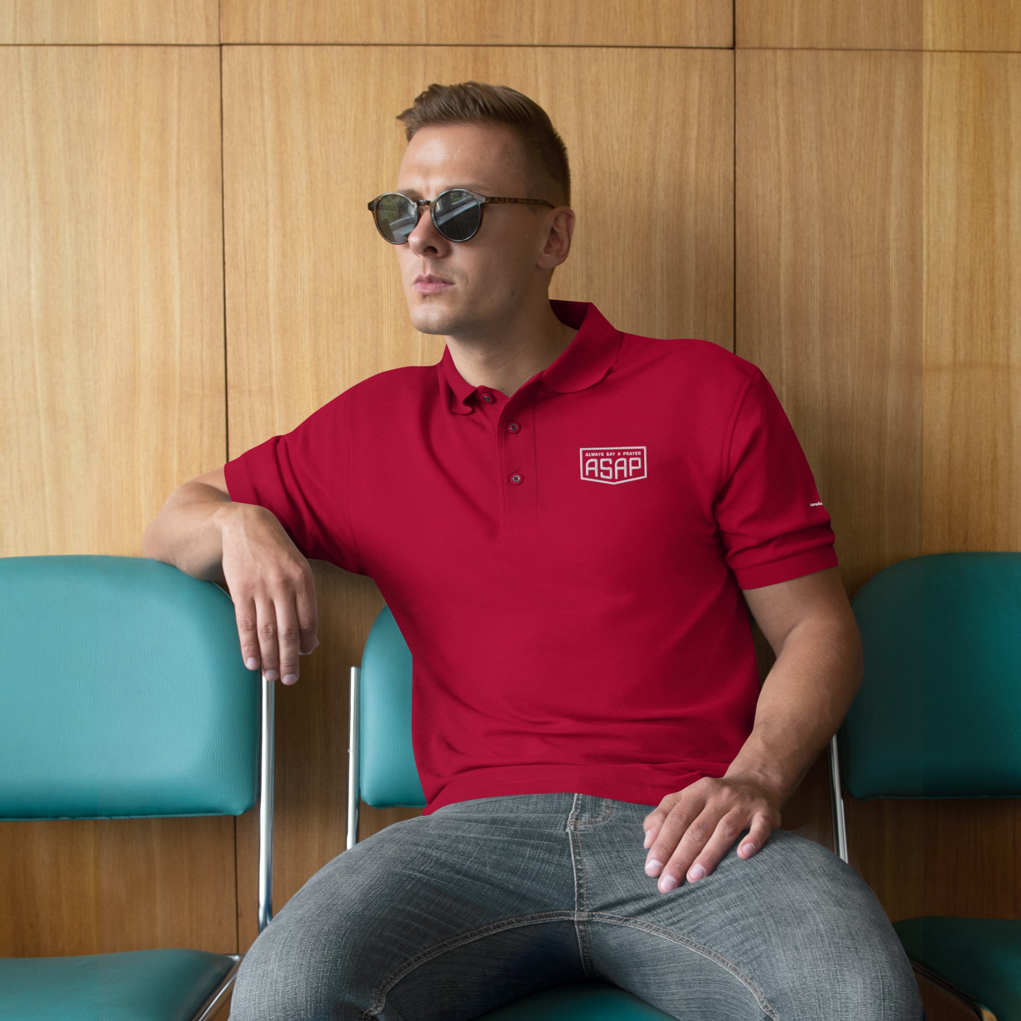 men wearing a premium red polo shirt with white asap print