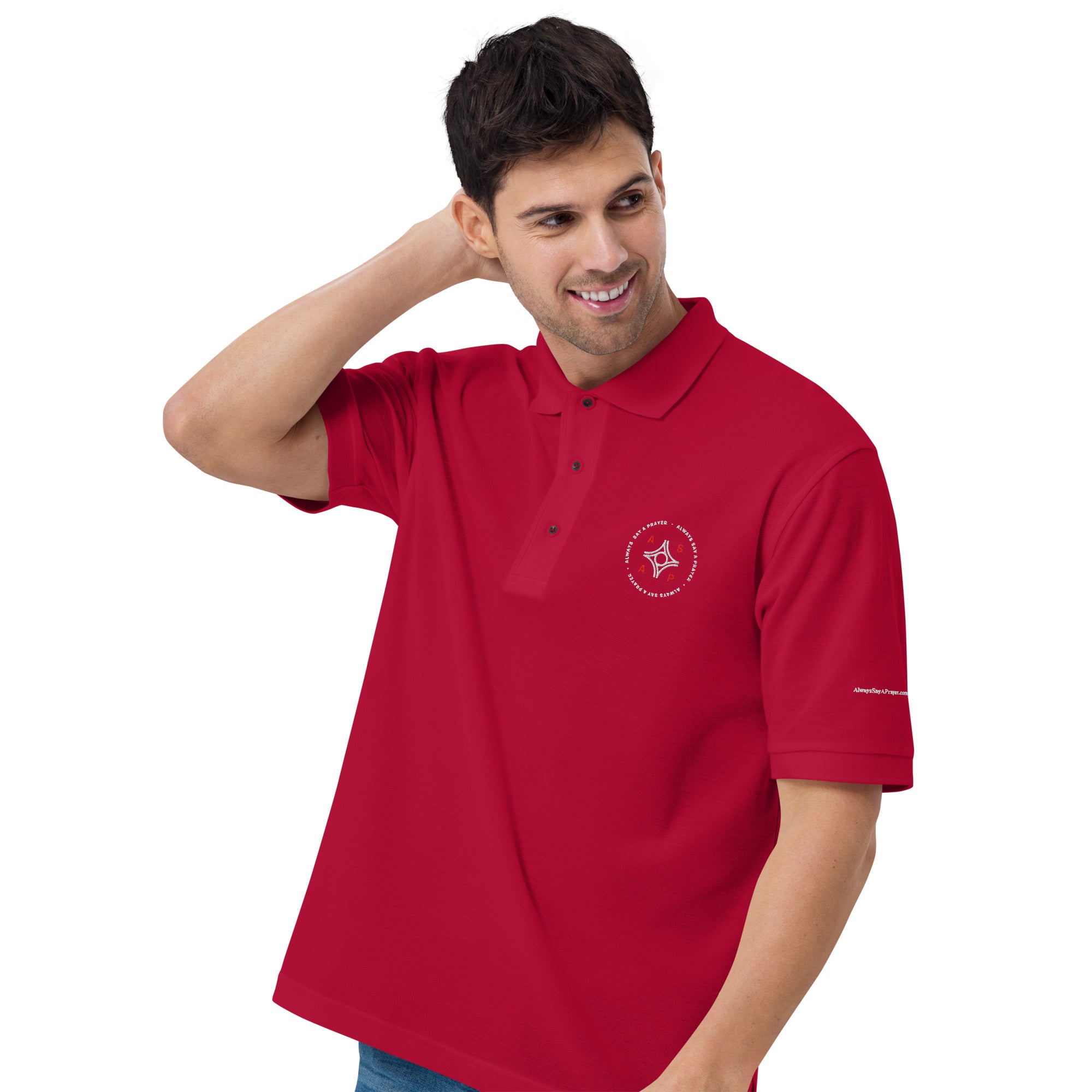 men wearing a premium red polo shirt with white asap print