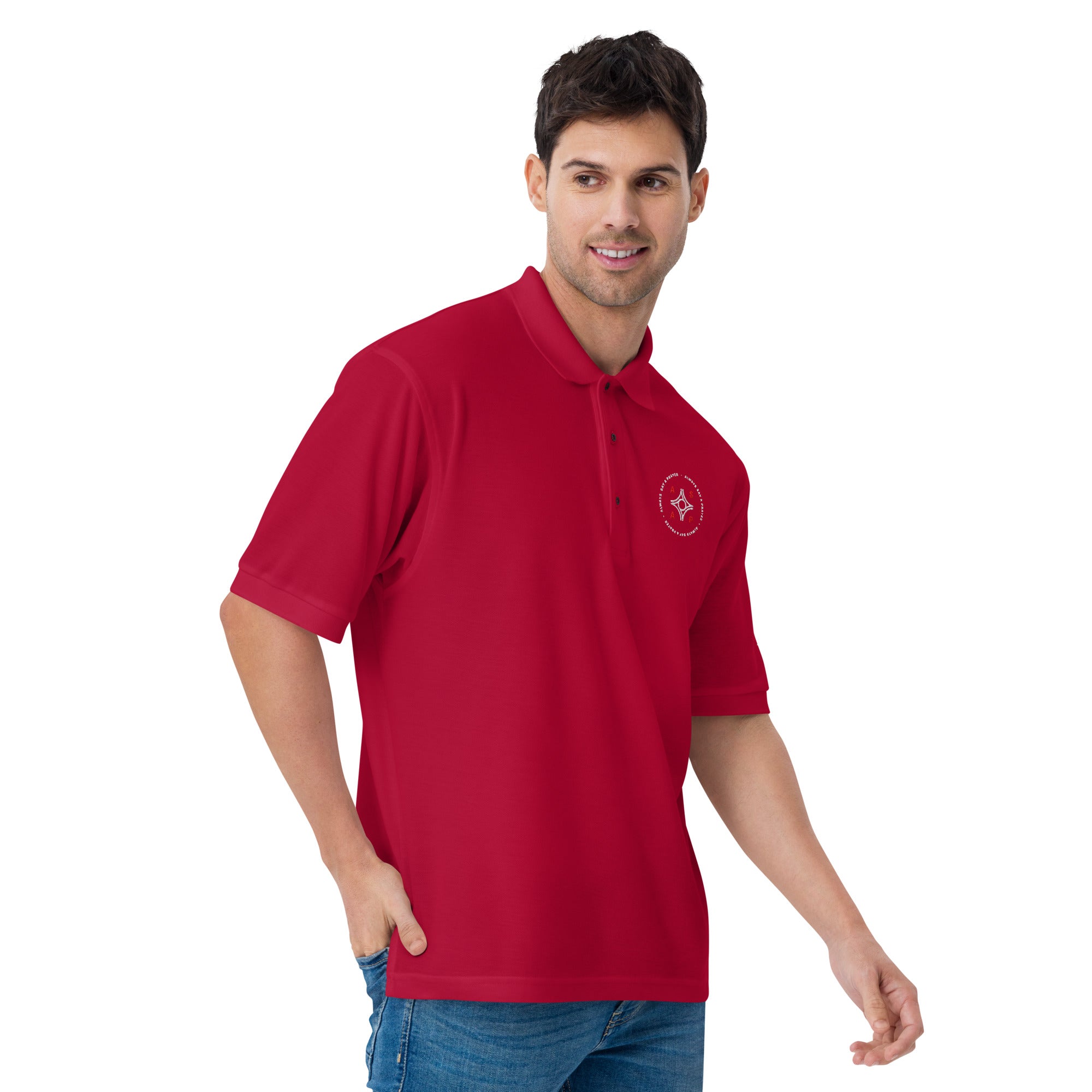men wearing a premium red polo shirt with white asap print
