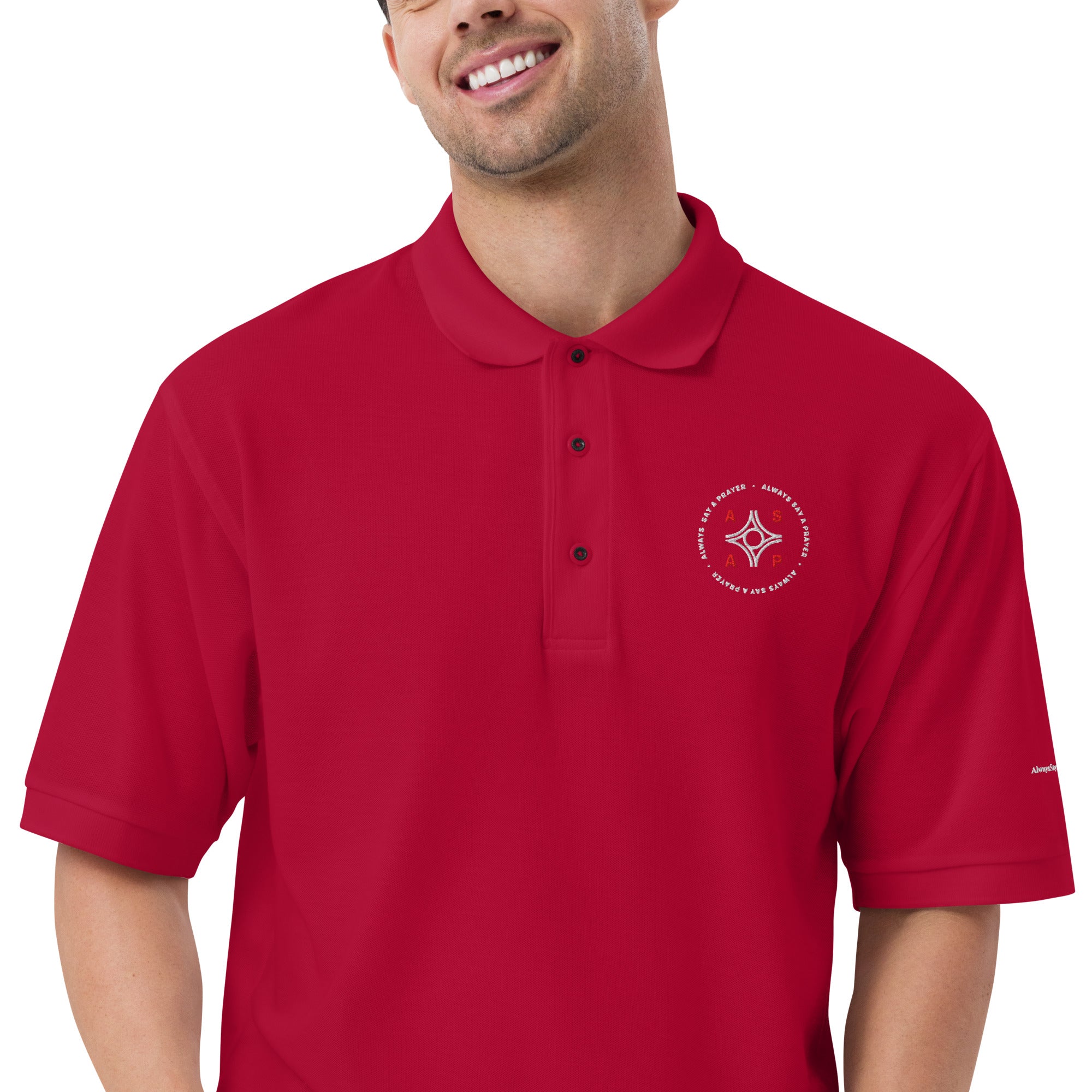 men wearing a premium red polo shirt with white asap print