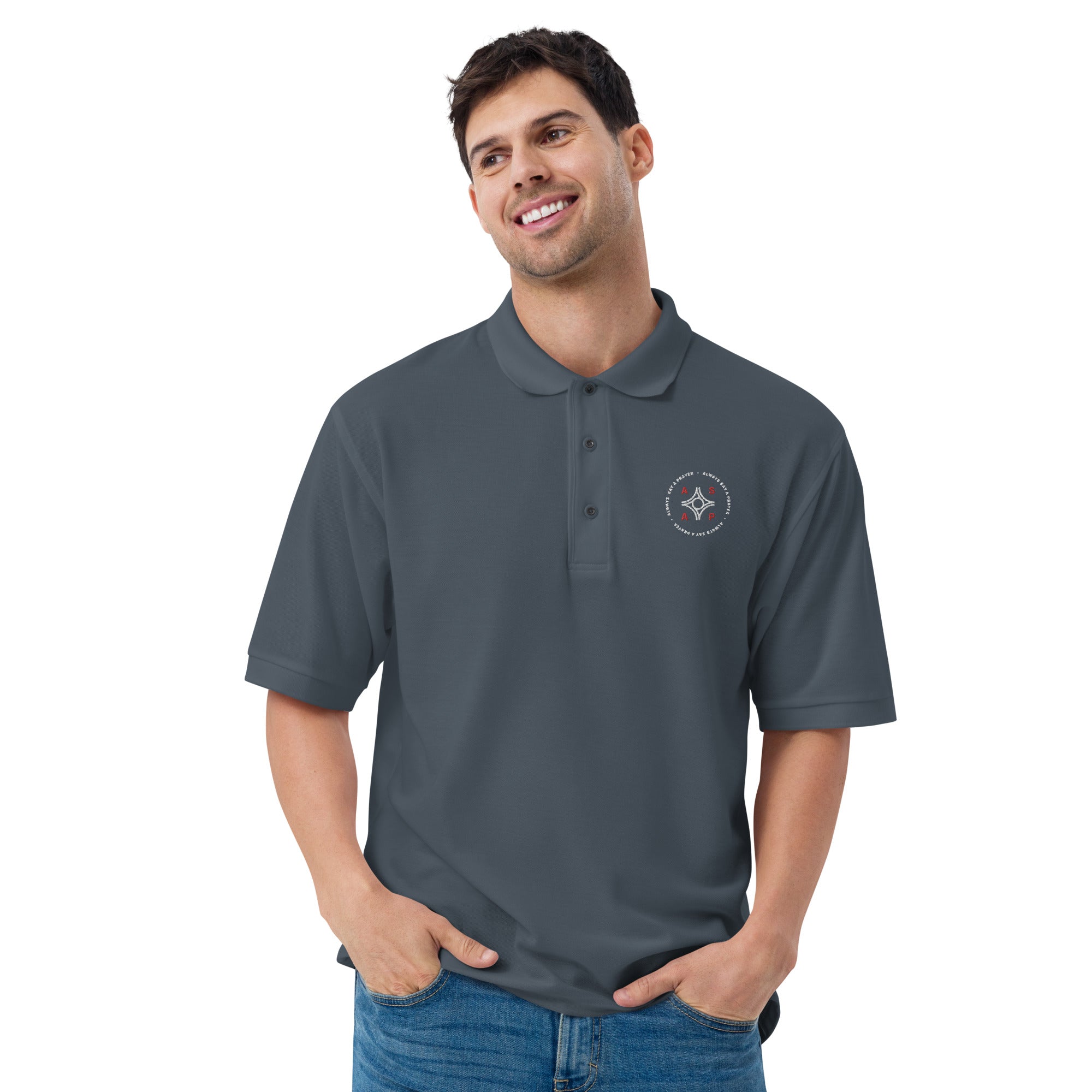men wearing a grey premium polo shirt with white asap print