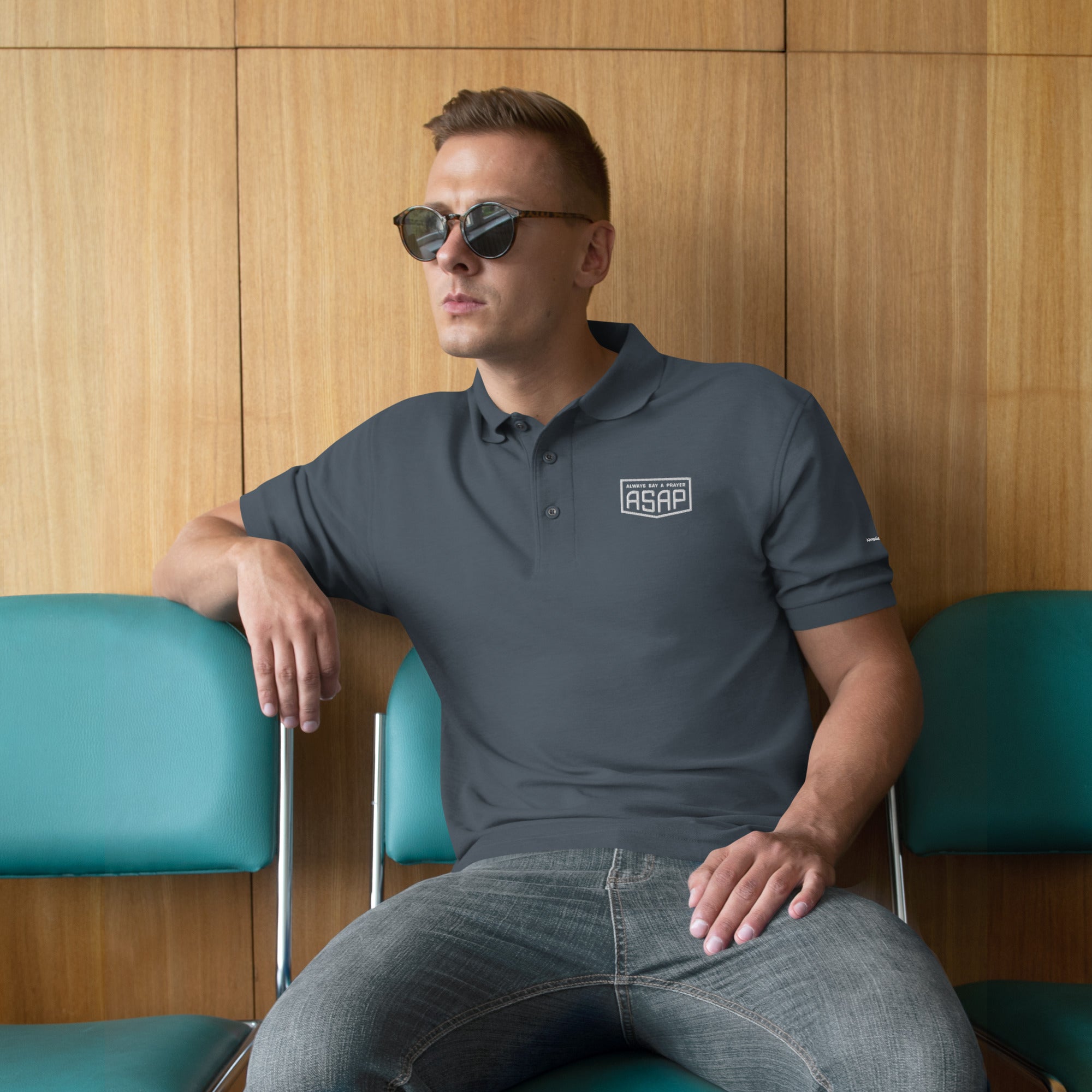 men wearing a premium grey polo shirt with white asap print