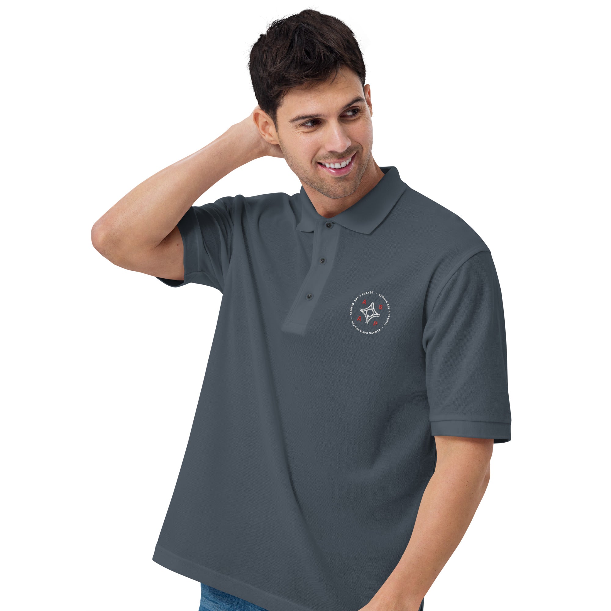 men wearing a grey premium polo shirt with white asap print