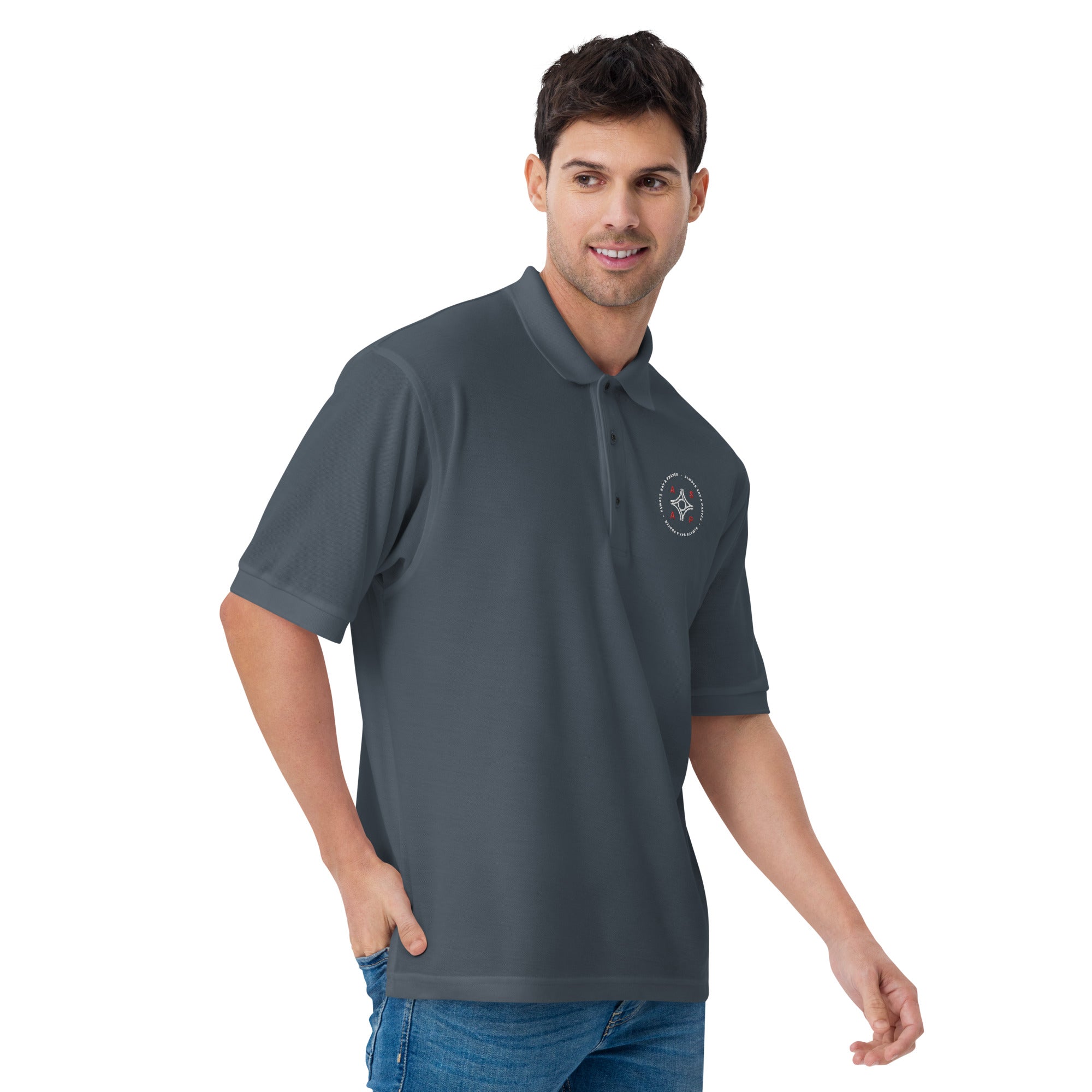 men wearing a grey premium polo shirt with white asap print