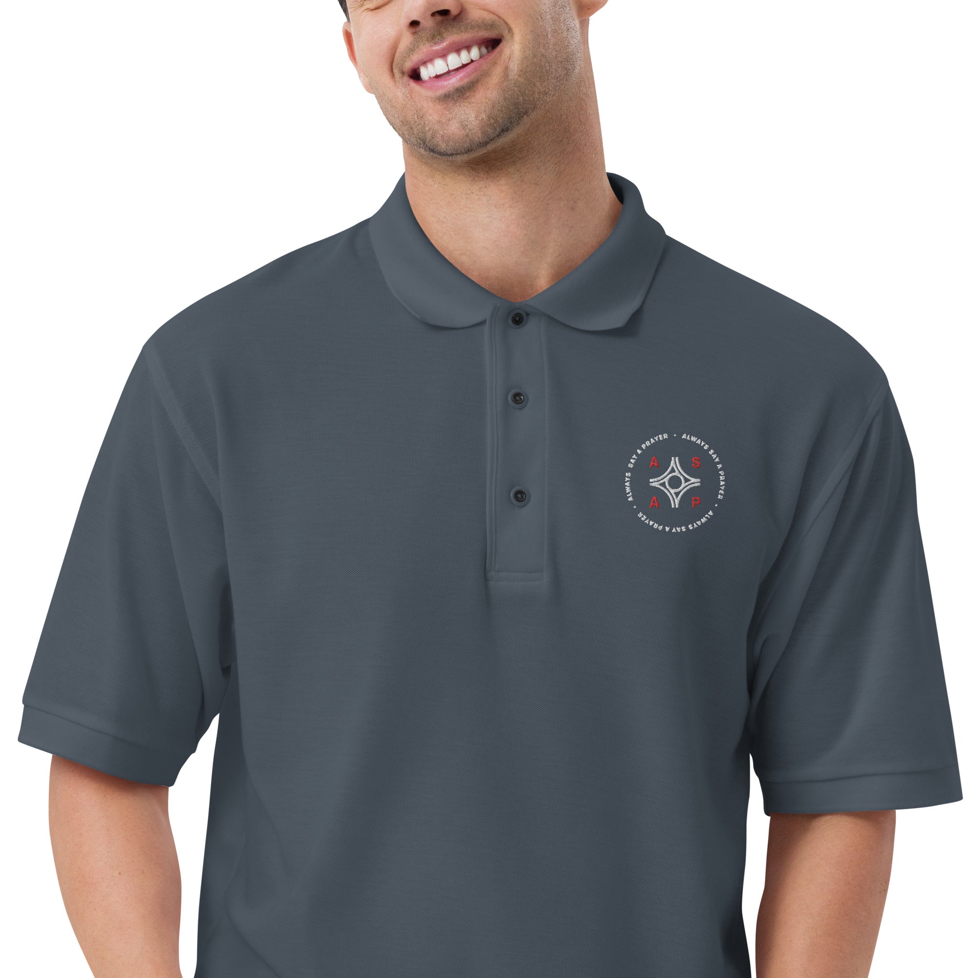 men wearing a grey premium polo shirt with white asap print