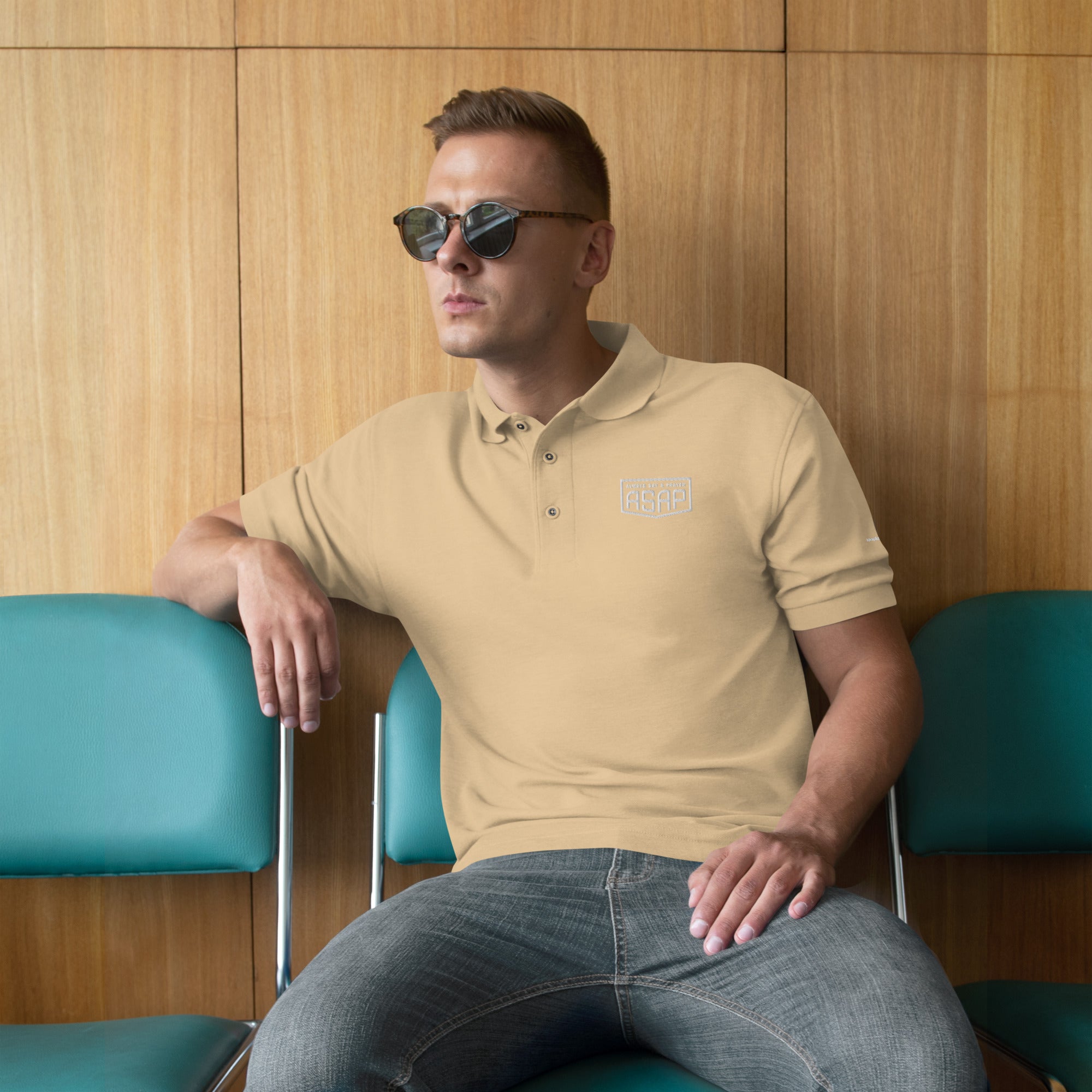 men wearing a premium yellow polo shirt with white asap print