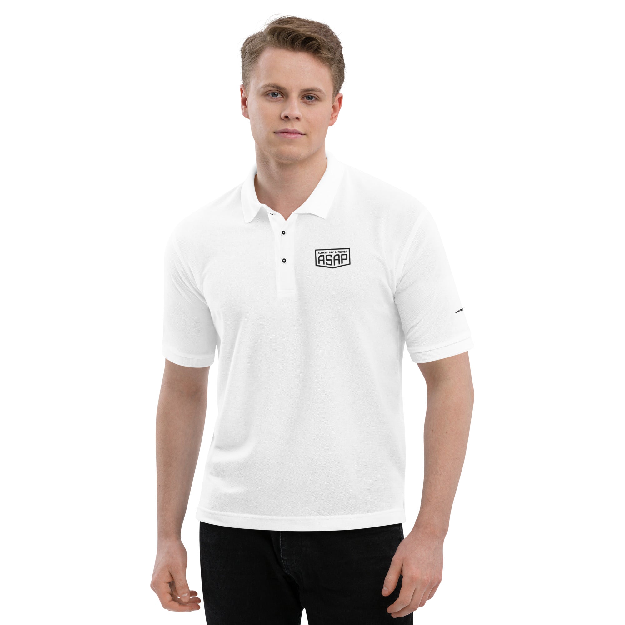 men wearing a premium white polo shirt with white asap print