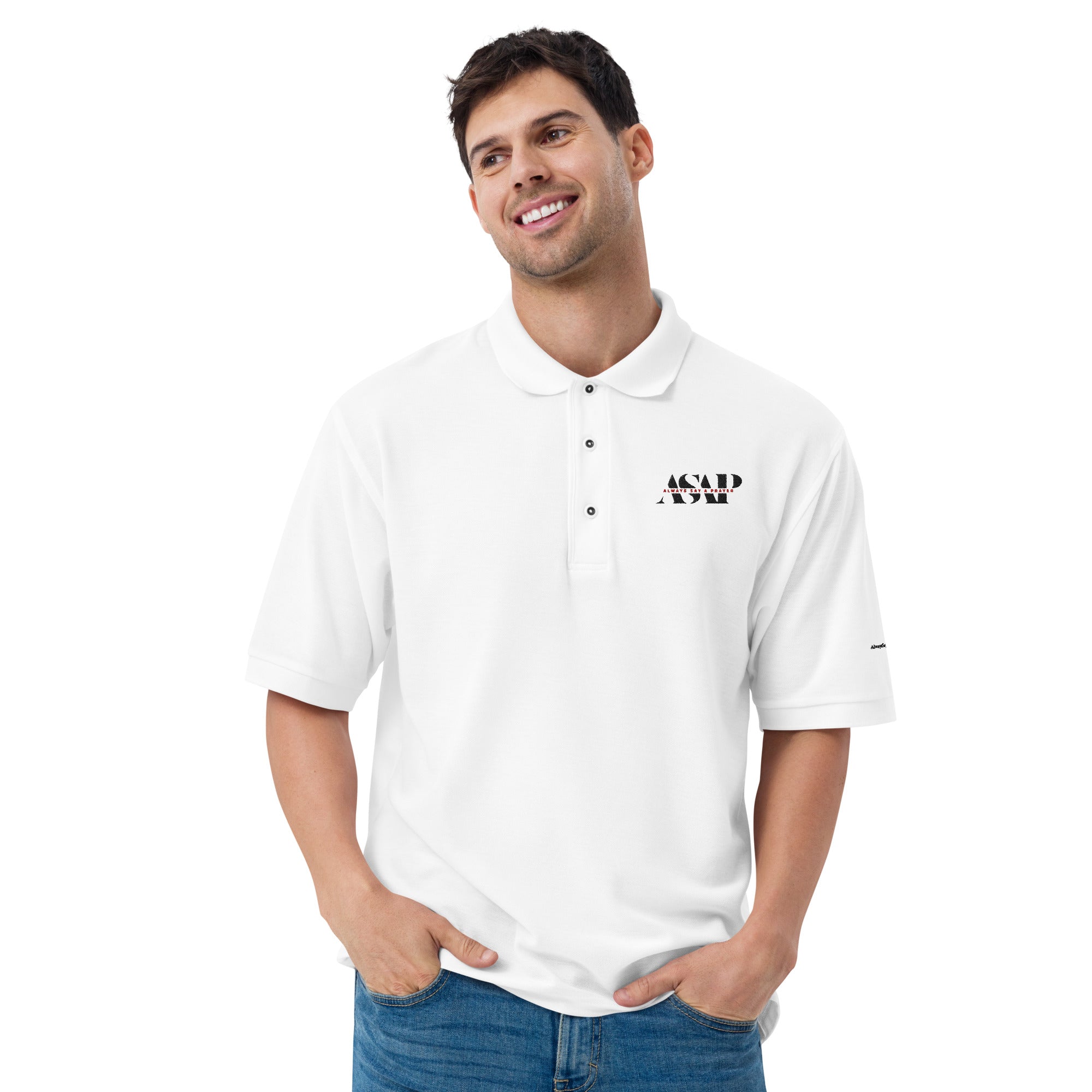 men wearing a premium white polo shirt with white asap print