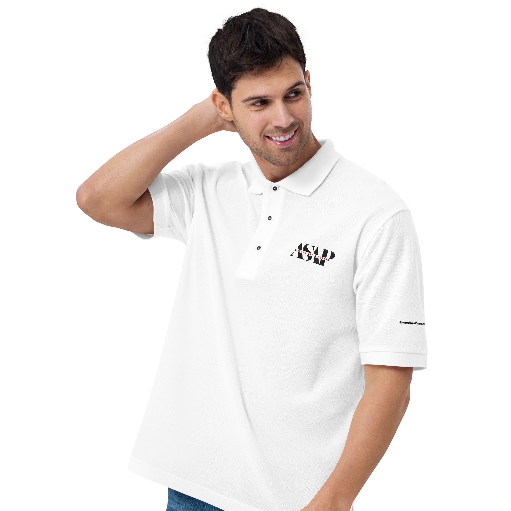 men wearing a premium white polo shirt with white asap print