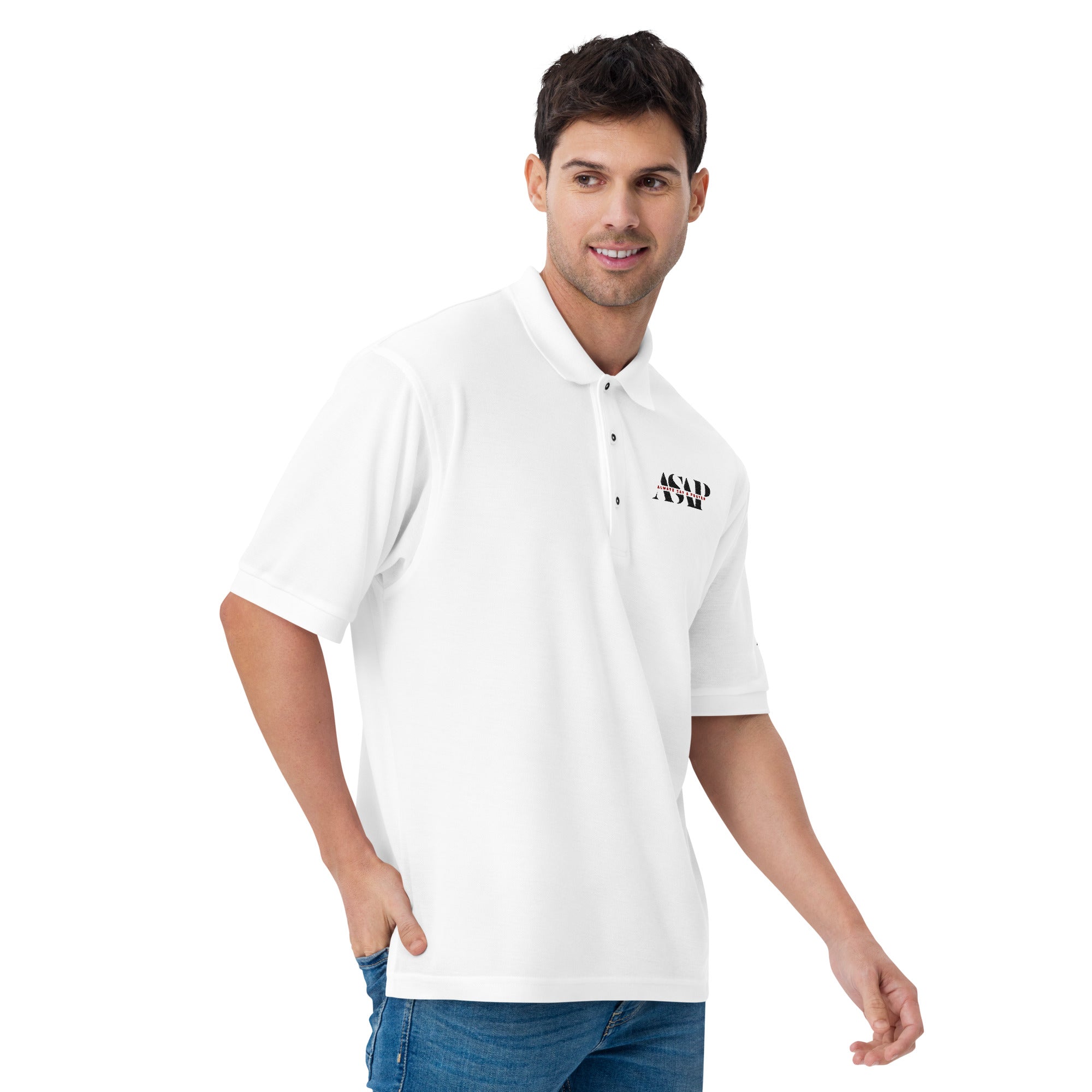 men wearing a premium white polo shirt with white asap print