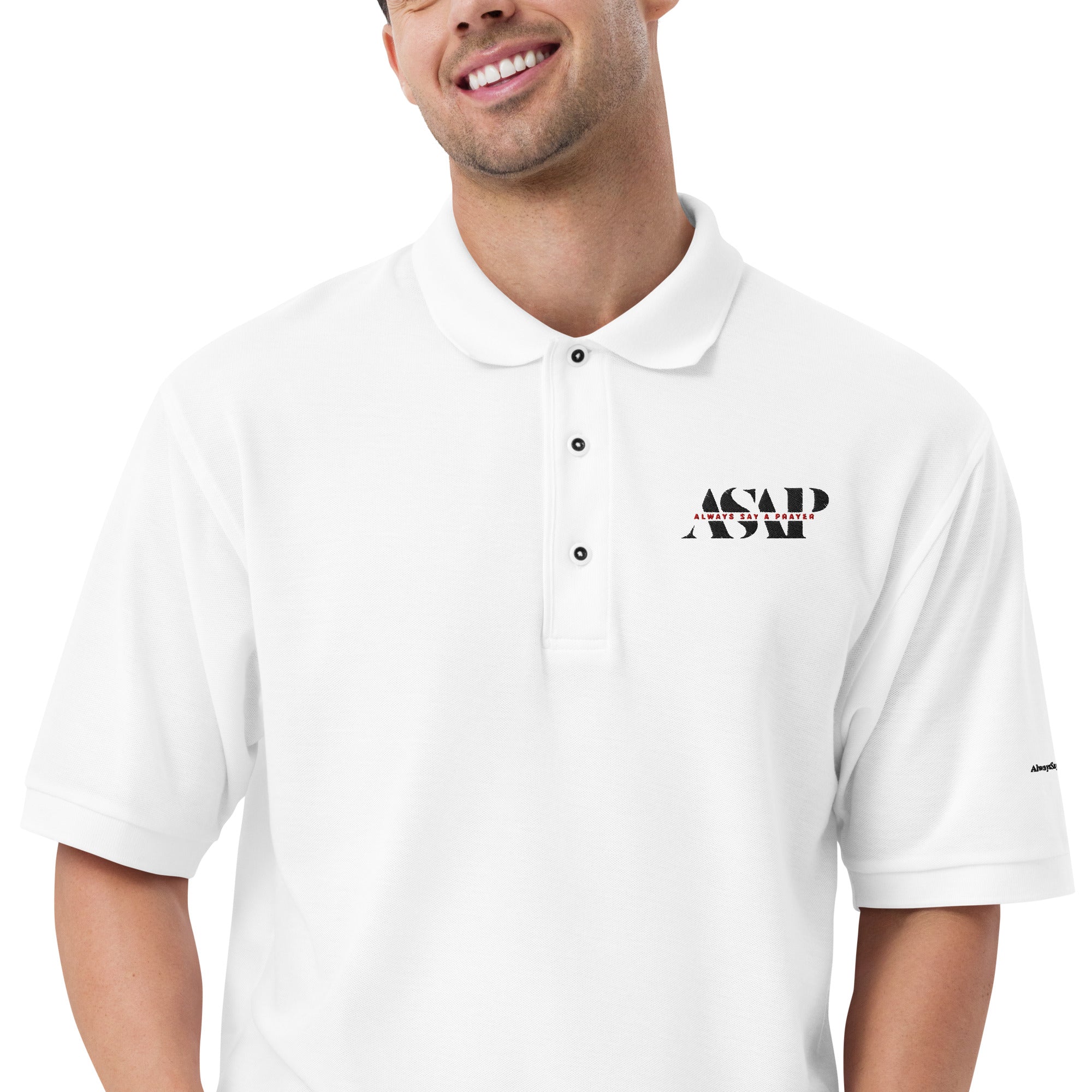 men wearing a premium white polo shirt with white asap print