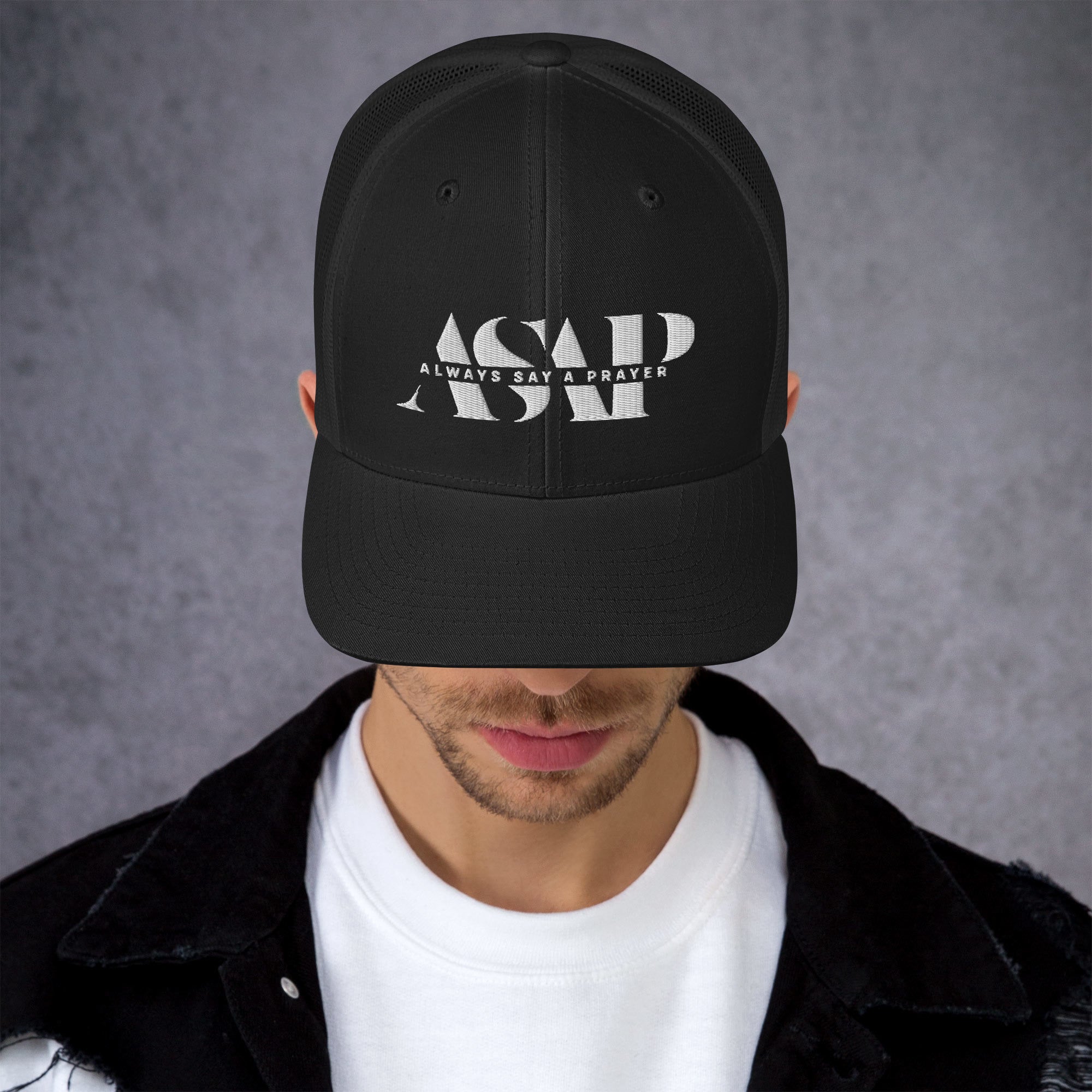 retro black trucker cap with white asap print