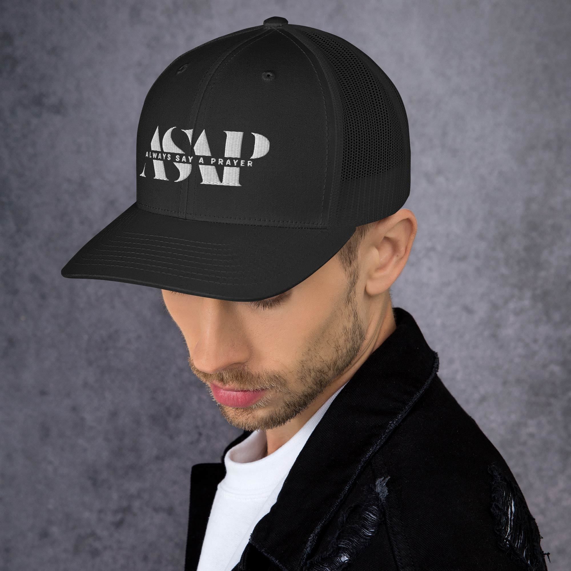 retro black trucker cap with white asap print
