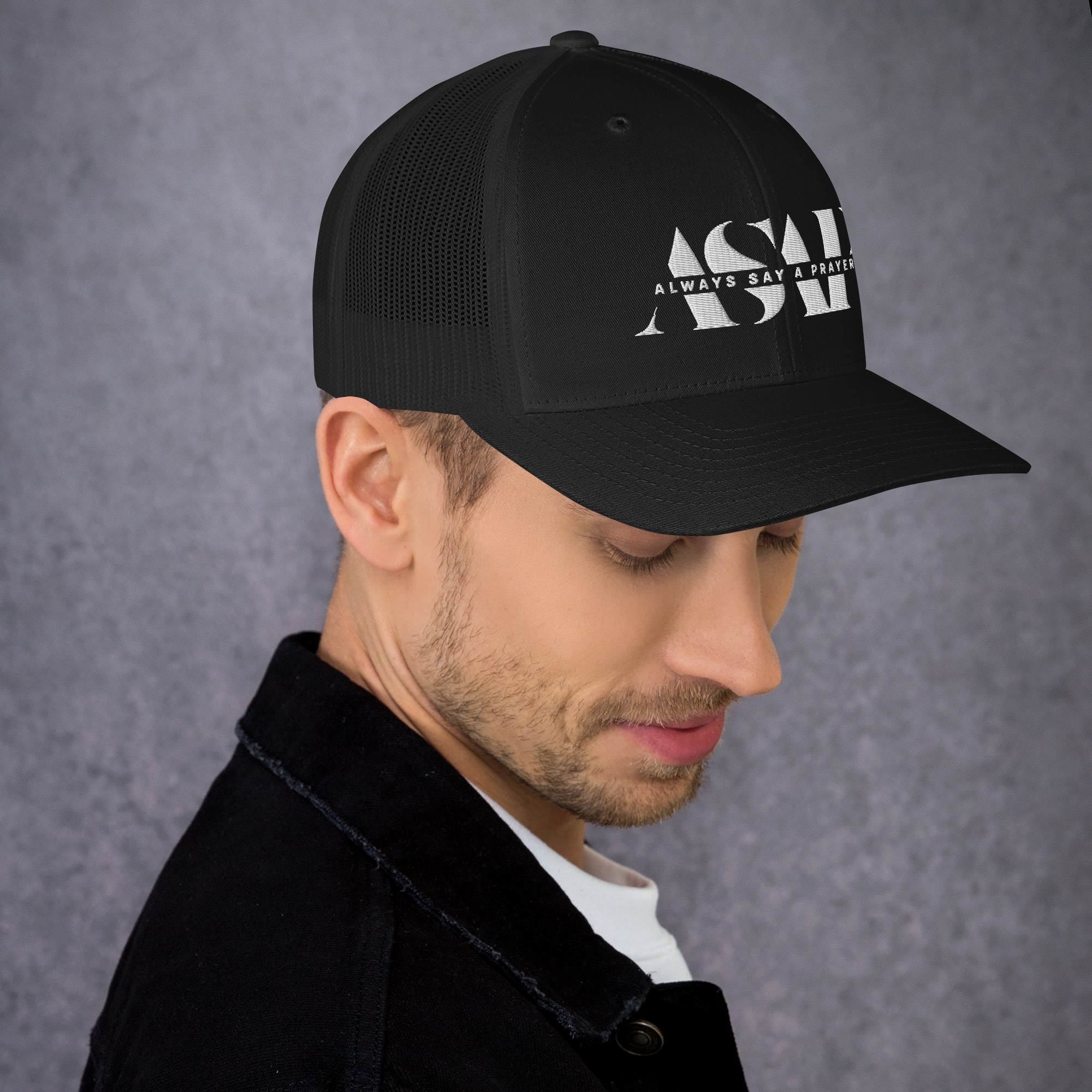 retro black trucker cap with white asap print