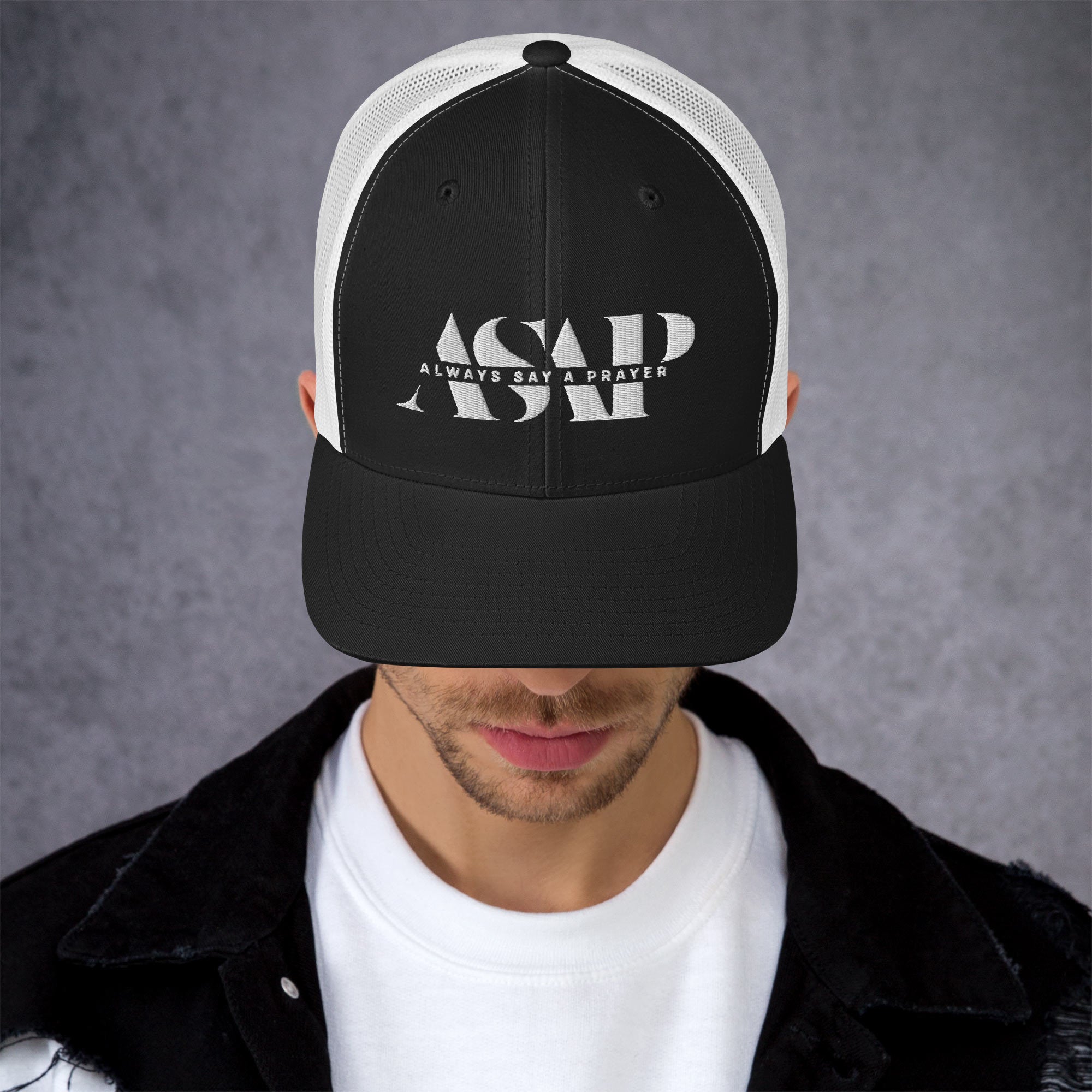 retro black trucker cap with white asap print