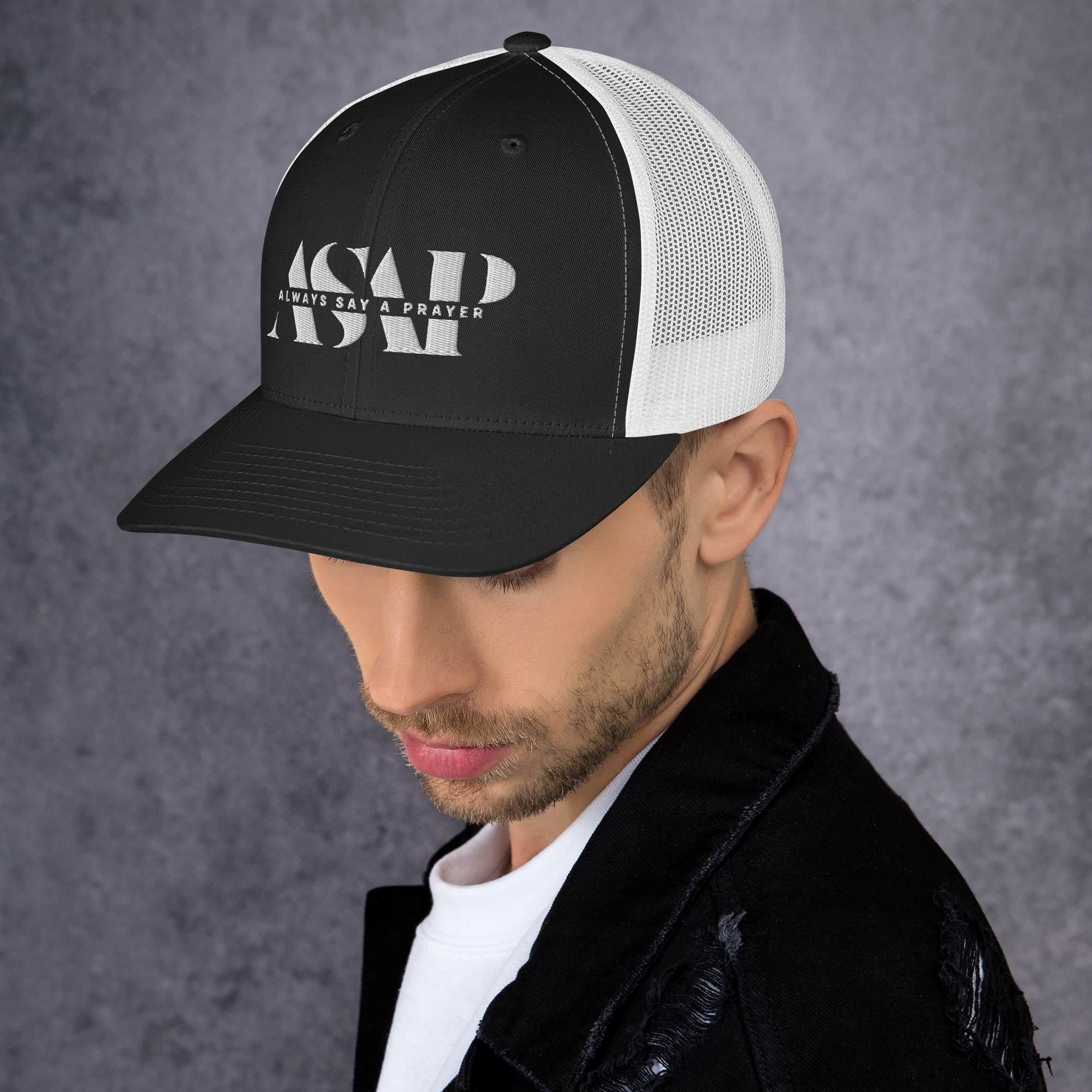 retro black trucker cap with white asap print