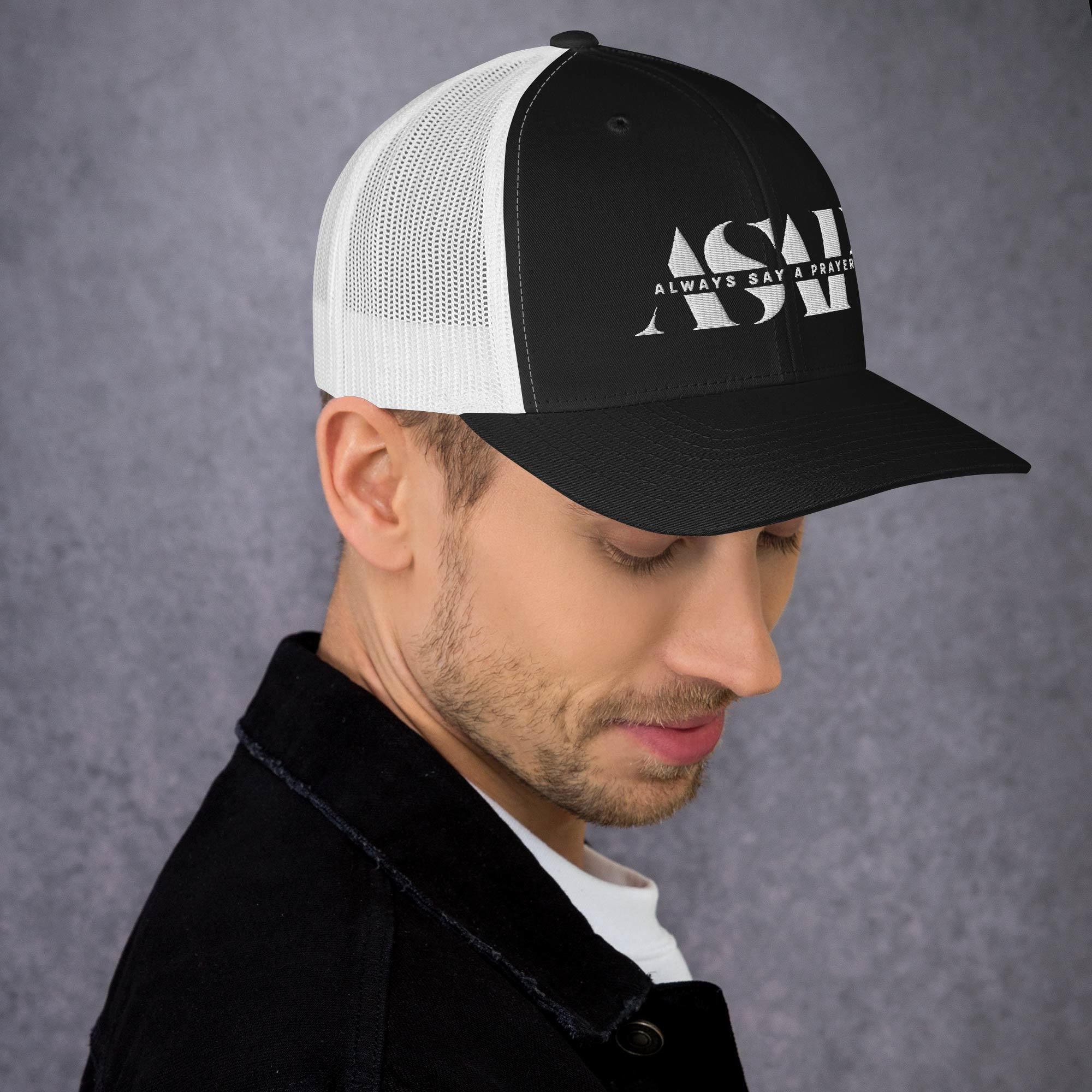 retro black trucker cap with white asap print