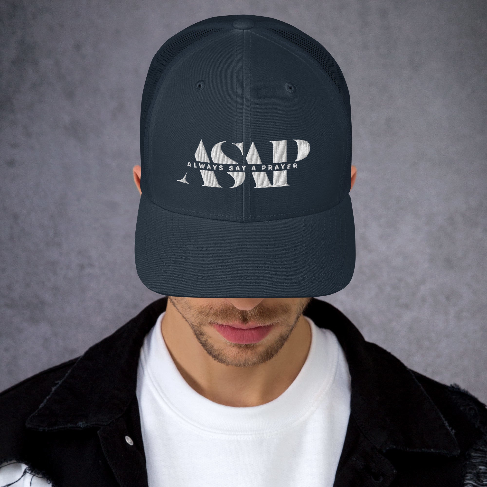 retro navy blue trucker cap with white asap print