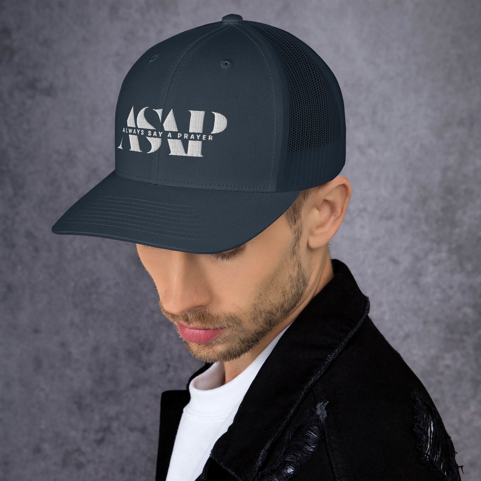 retro navy blue trucker cap with white asap print
