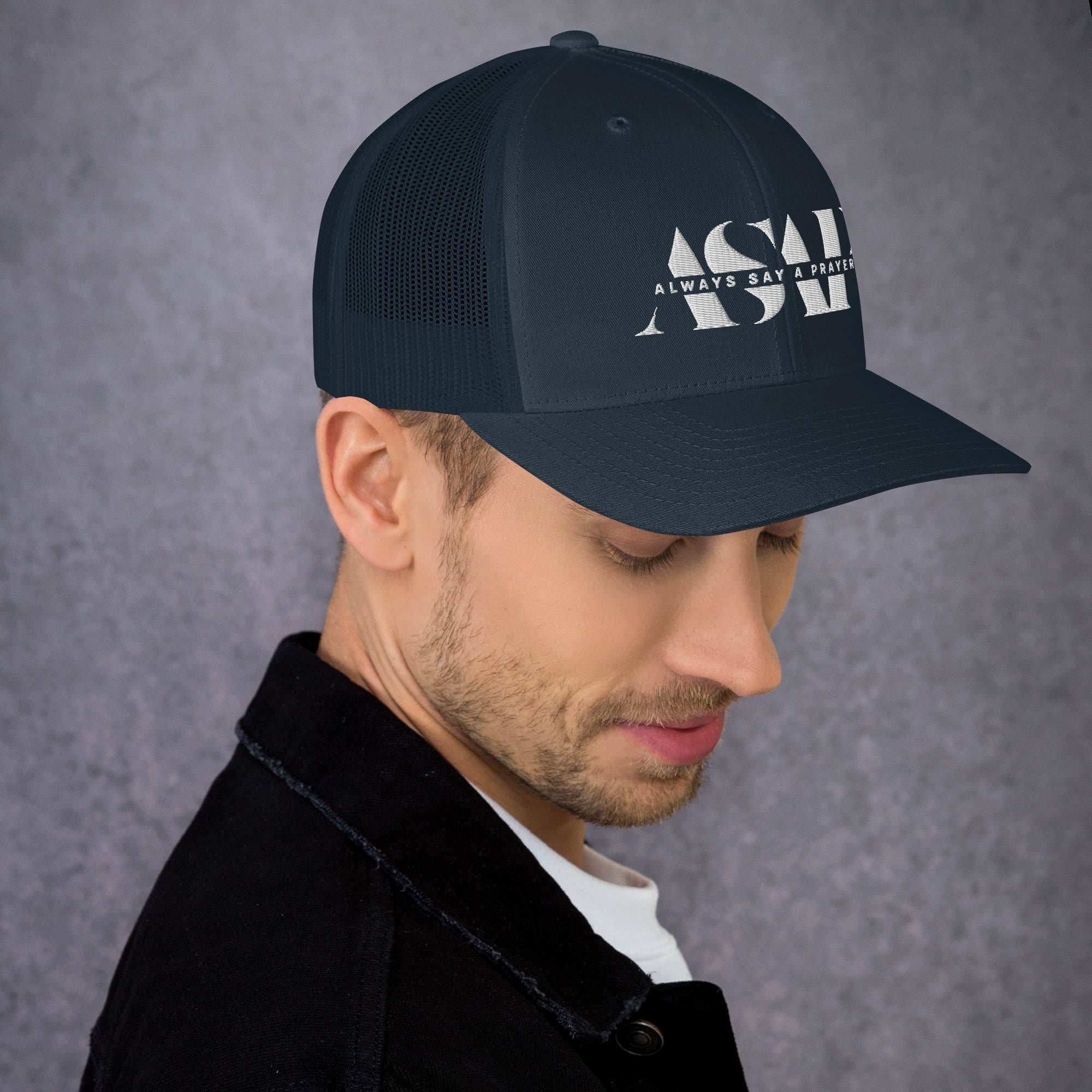 retro navy blue trucker cap with white asap print