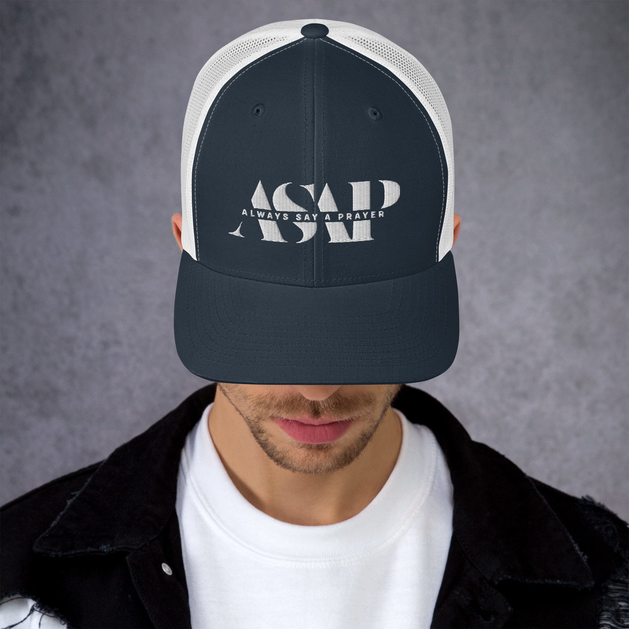 retro navy blue trucker cap with white asap print
