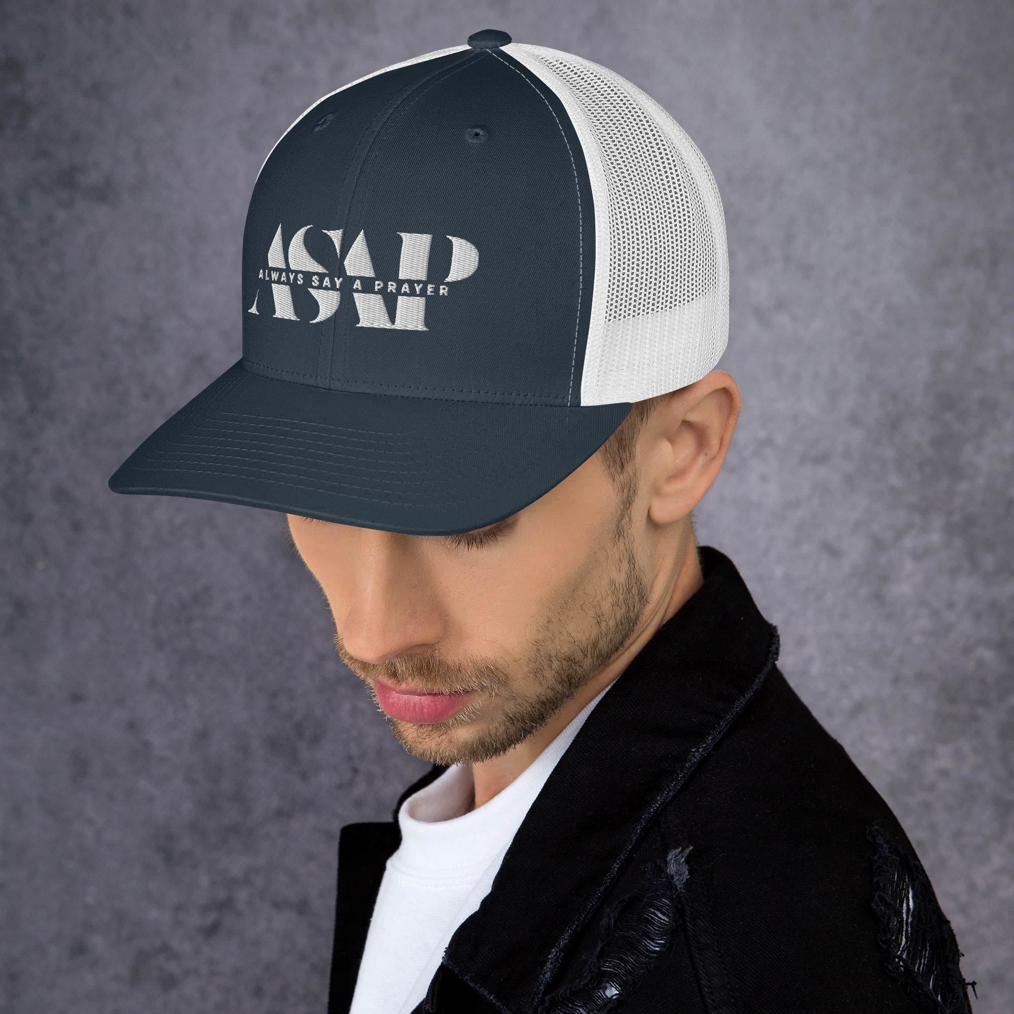 retro navy blue trucker cap with white asap print