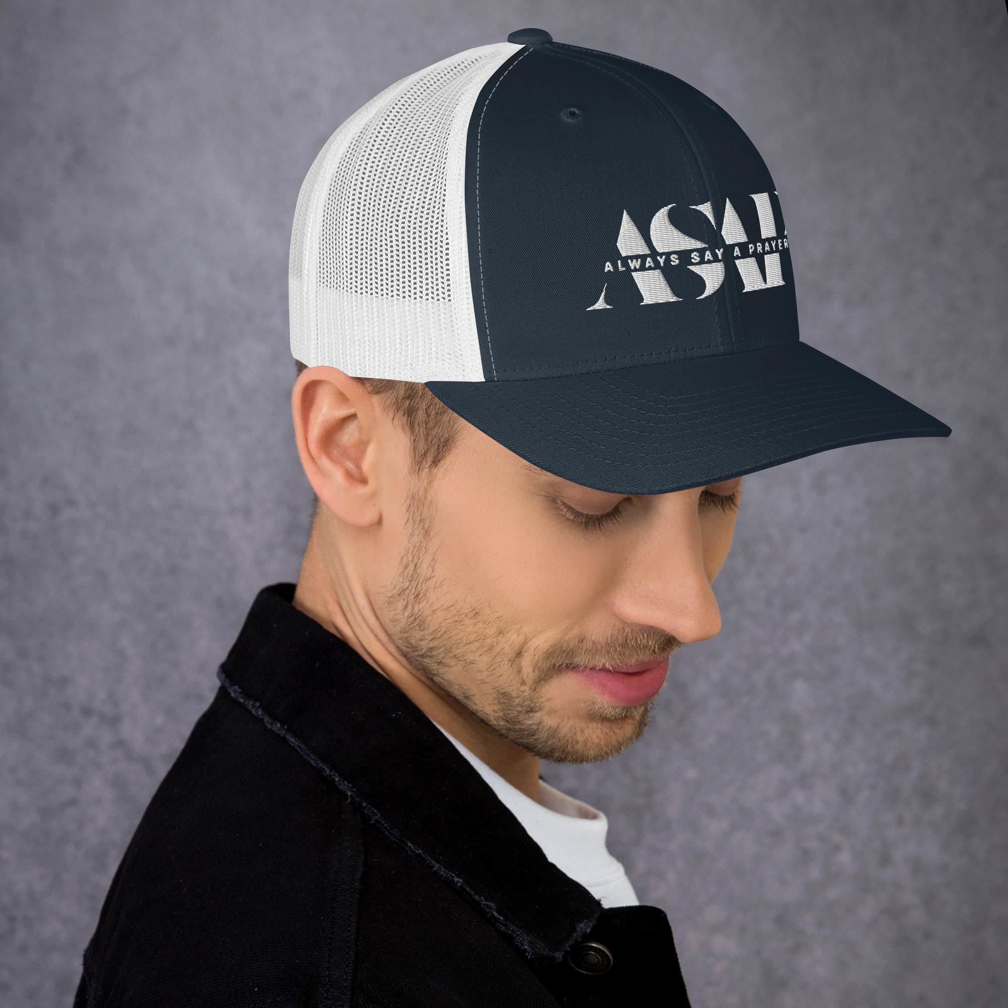 retro navy blue trucker cap with white asap print