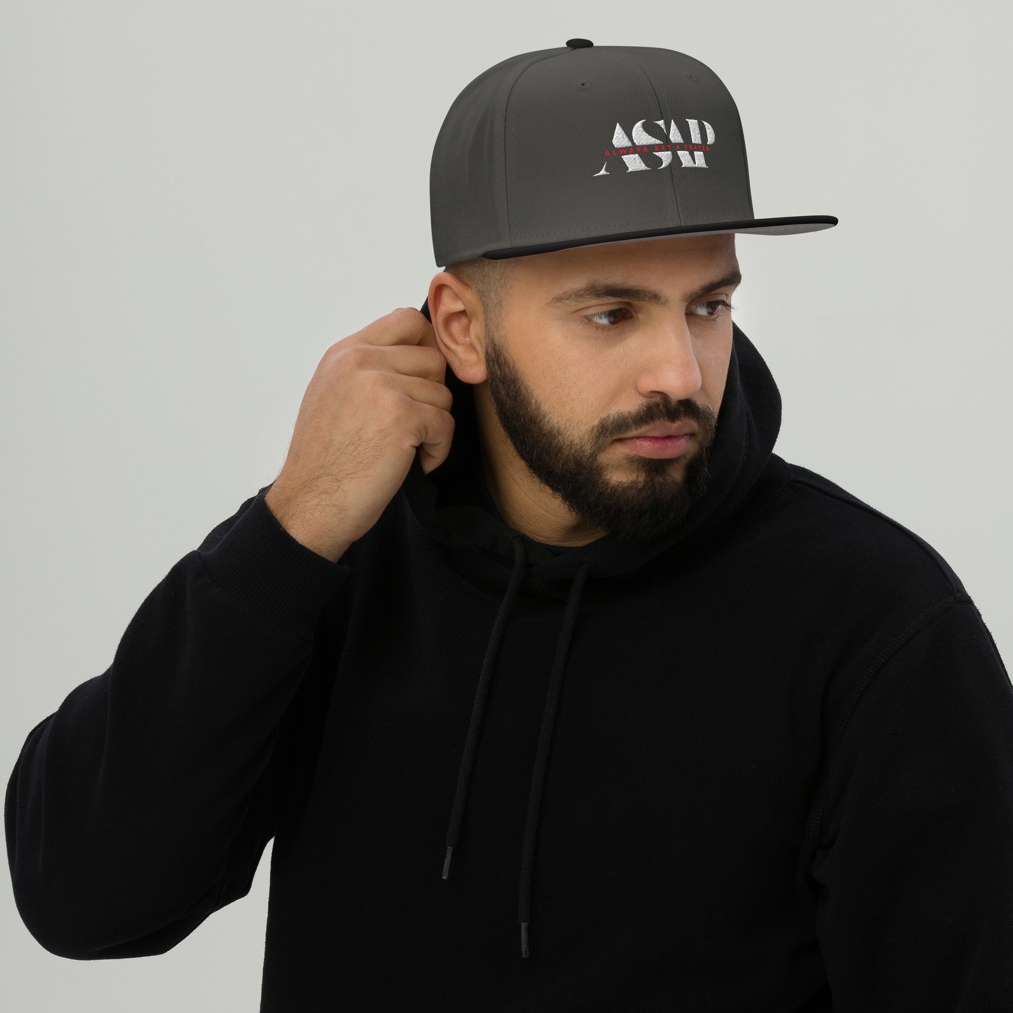 men wearing a classic grey charcoal dad hat with white asap print