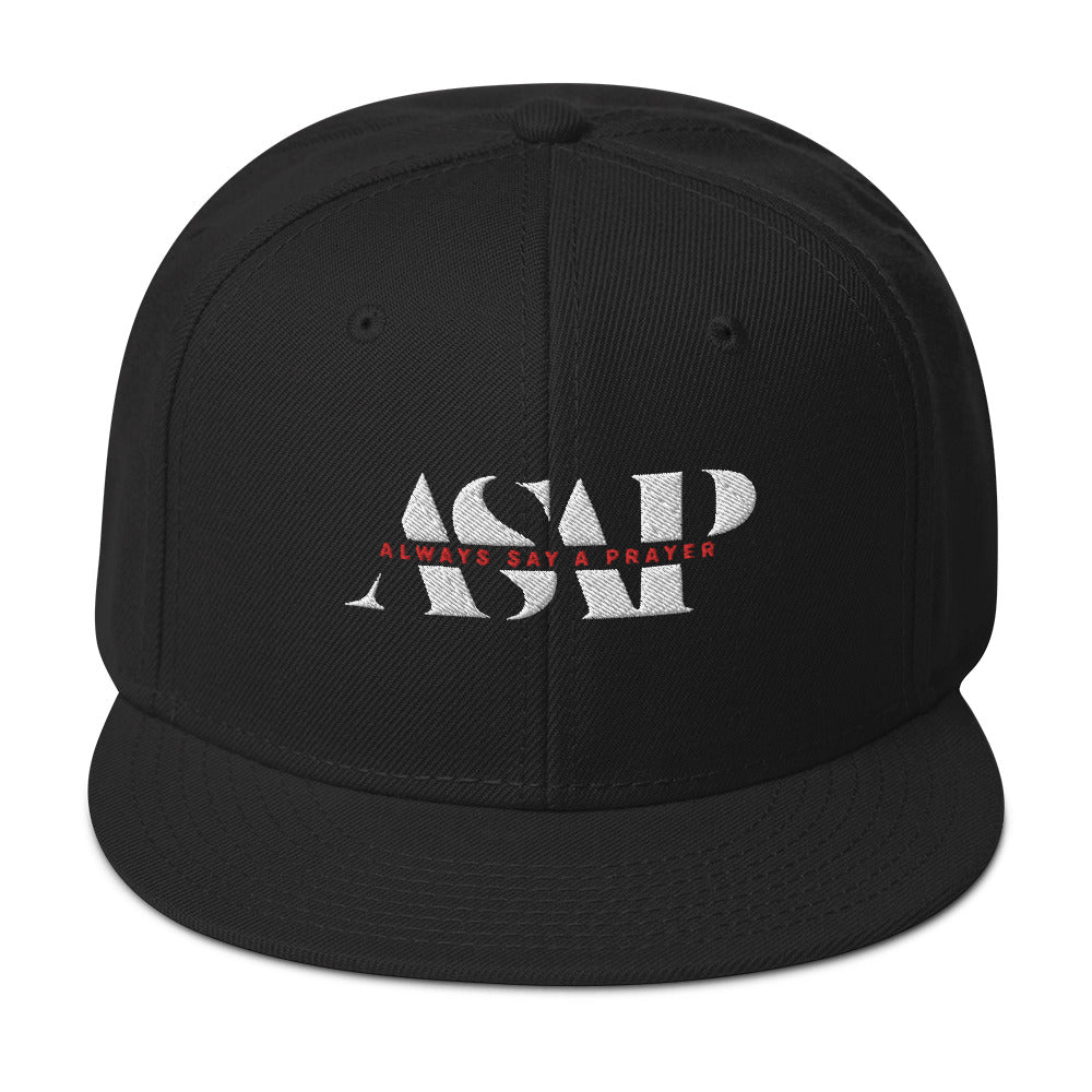 black snapback cap with white asap print