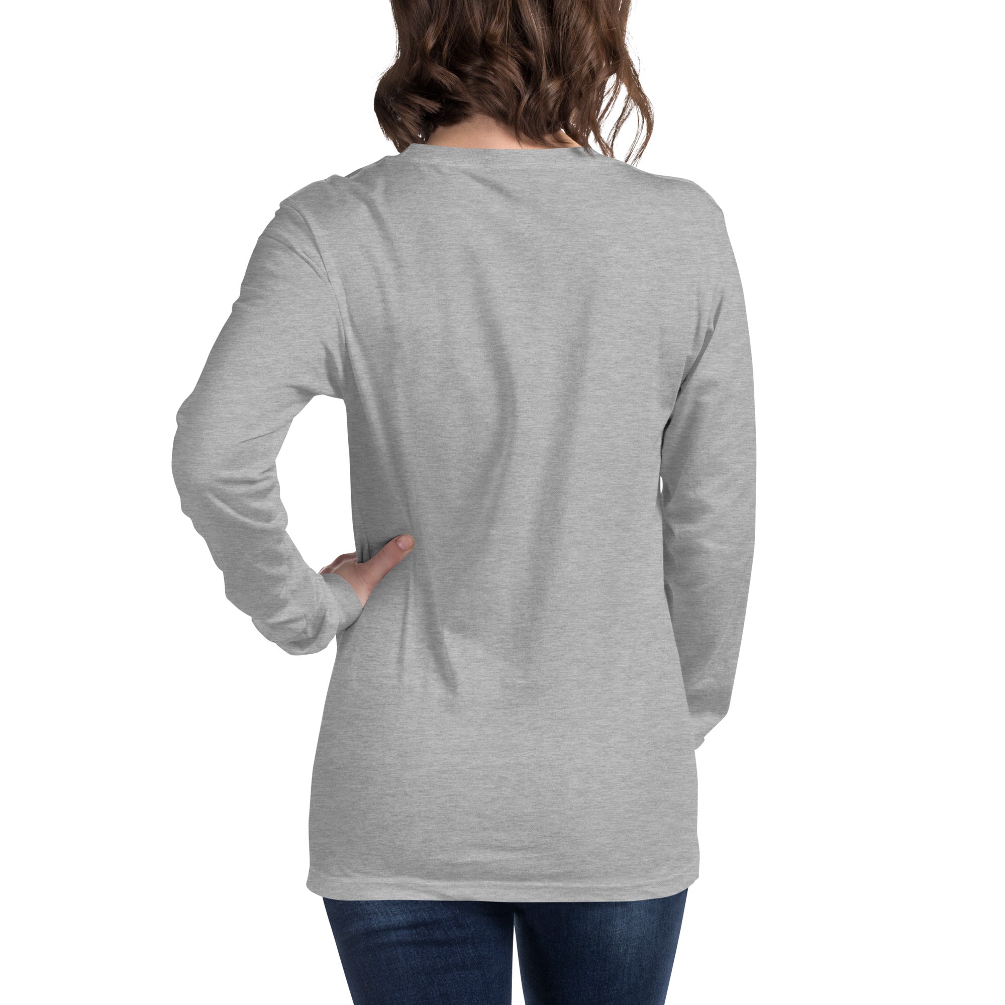 women wearing a long grey sleeve tee with white asap print