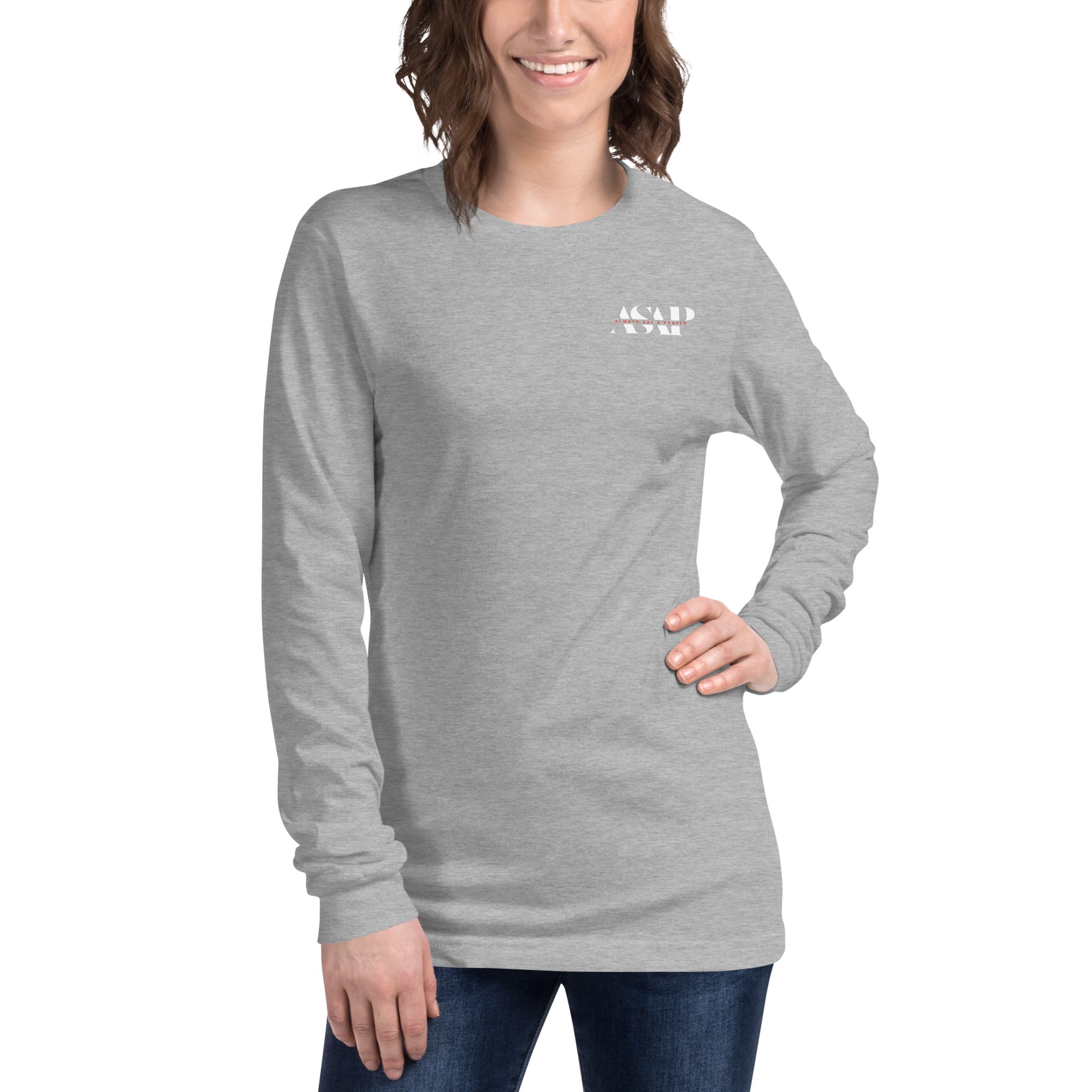 women wearing a long grey sleeve tee with white asap print