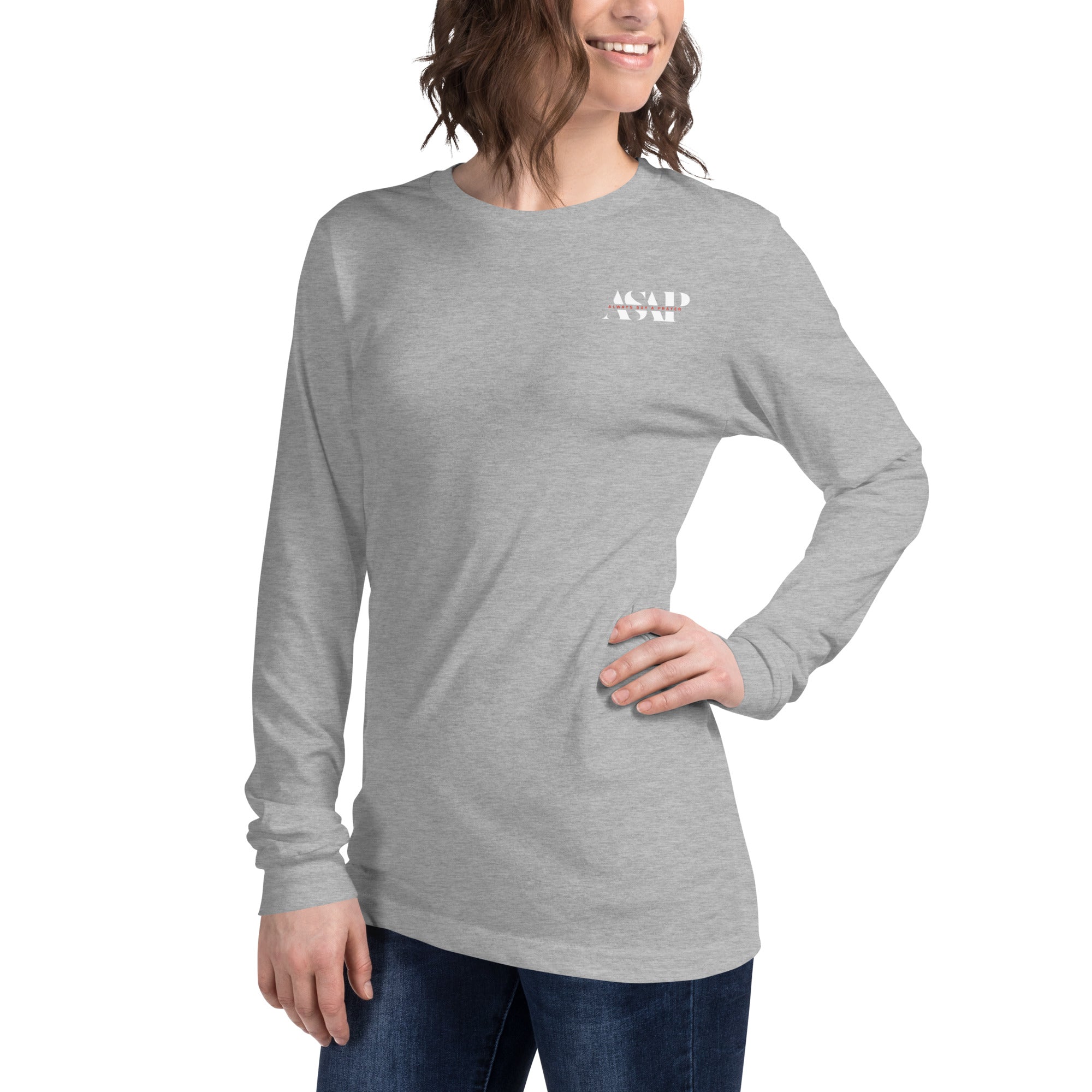 women wearing a long grey sleeve tee with white asap print