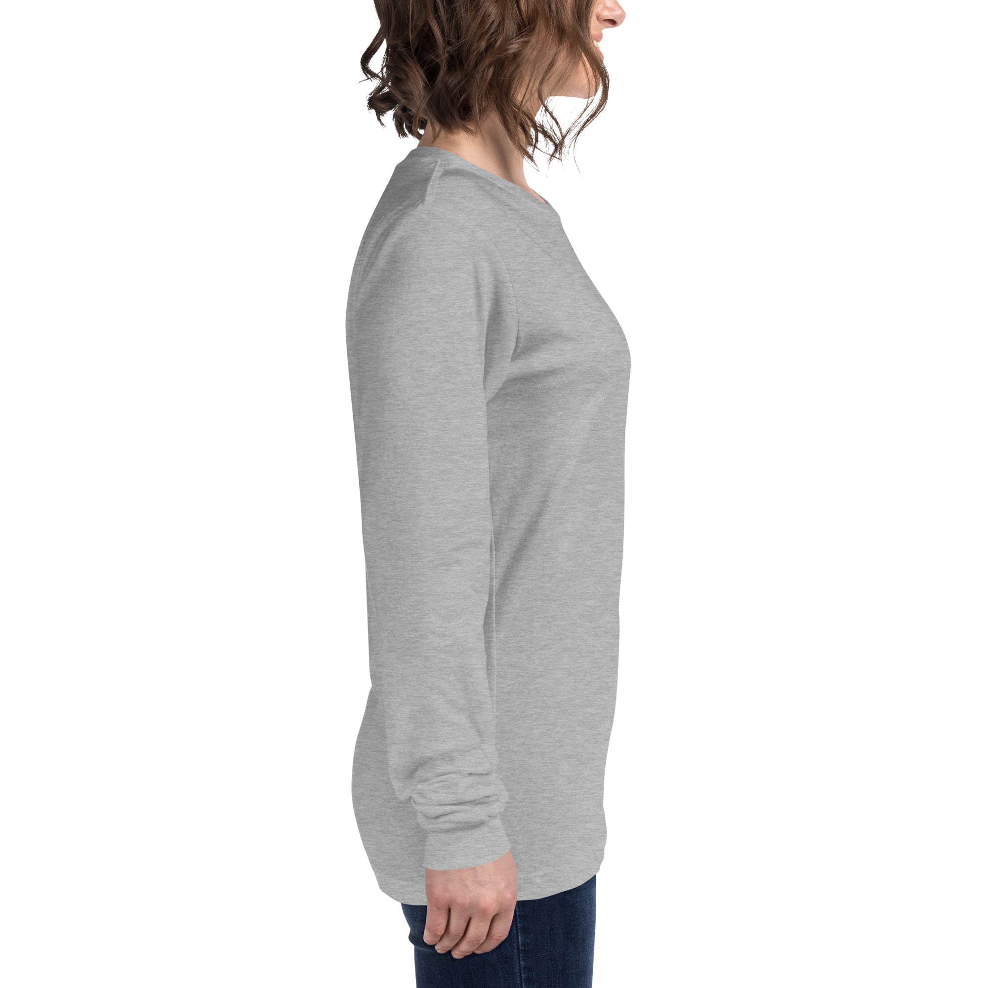 women wearing a long grey sleeve tee with white asap print