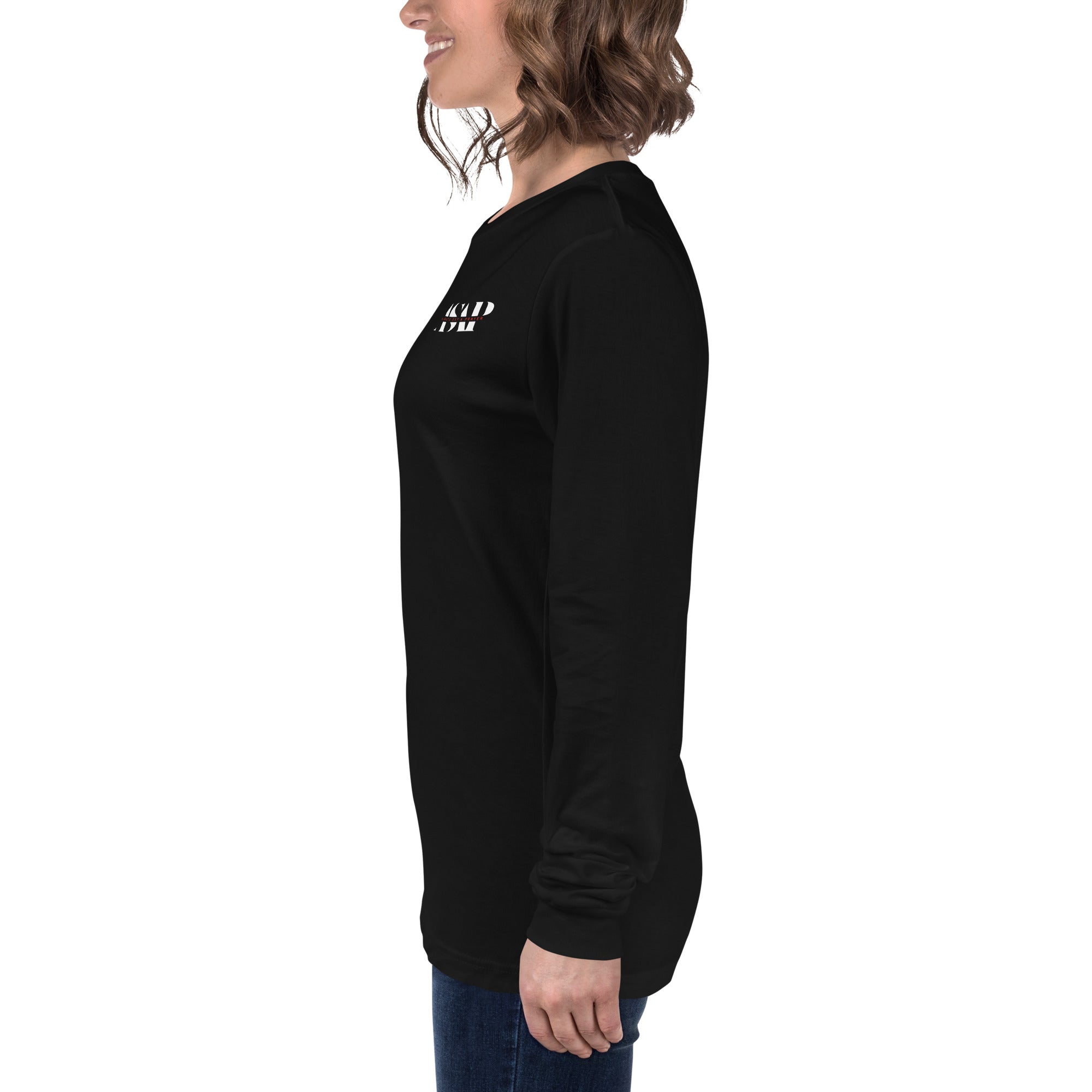 women wearing a long black sleeve tee with white asap print