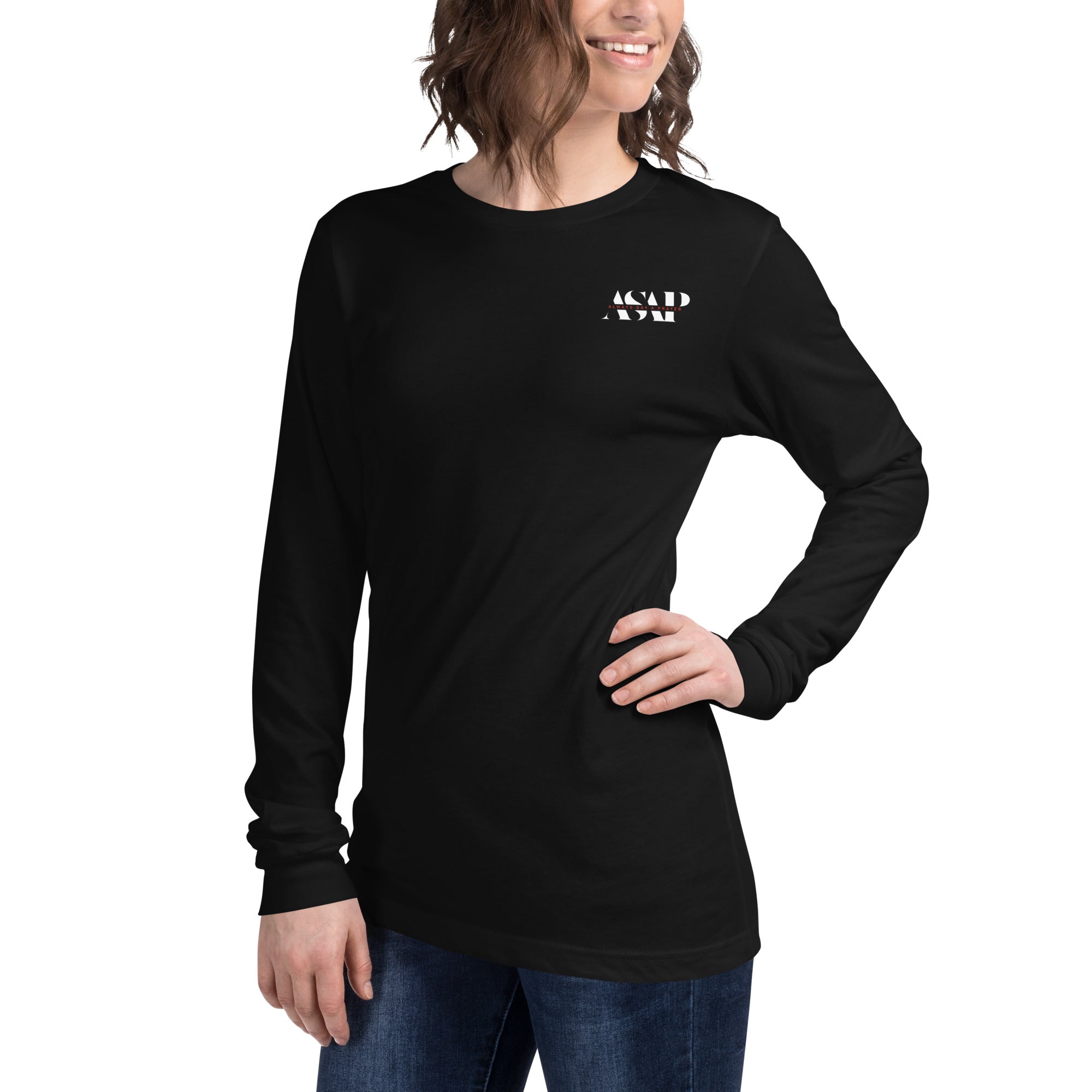 women wearing a long black sleeve tee with white asap print