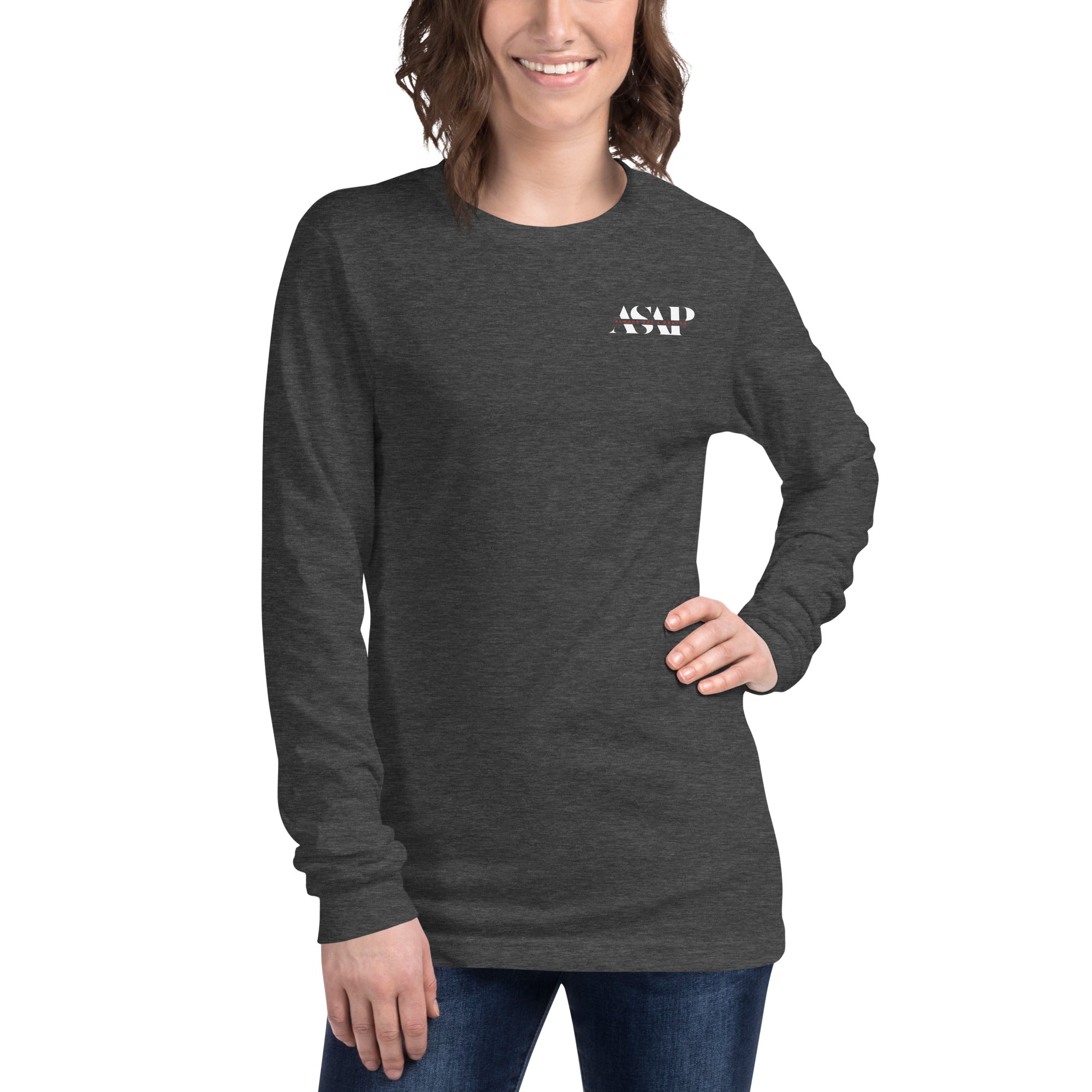 women wearing a long heather forest sleeve tee with white asap print