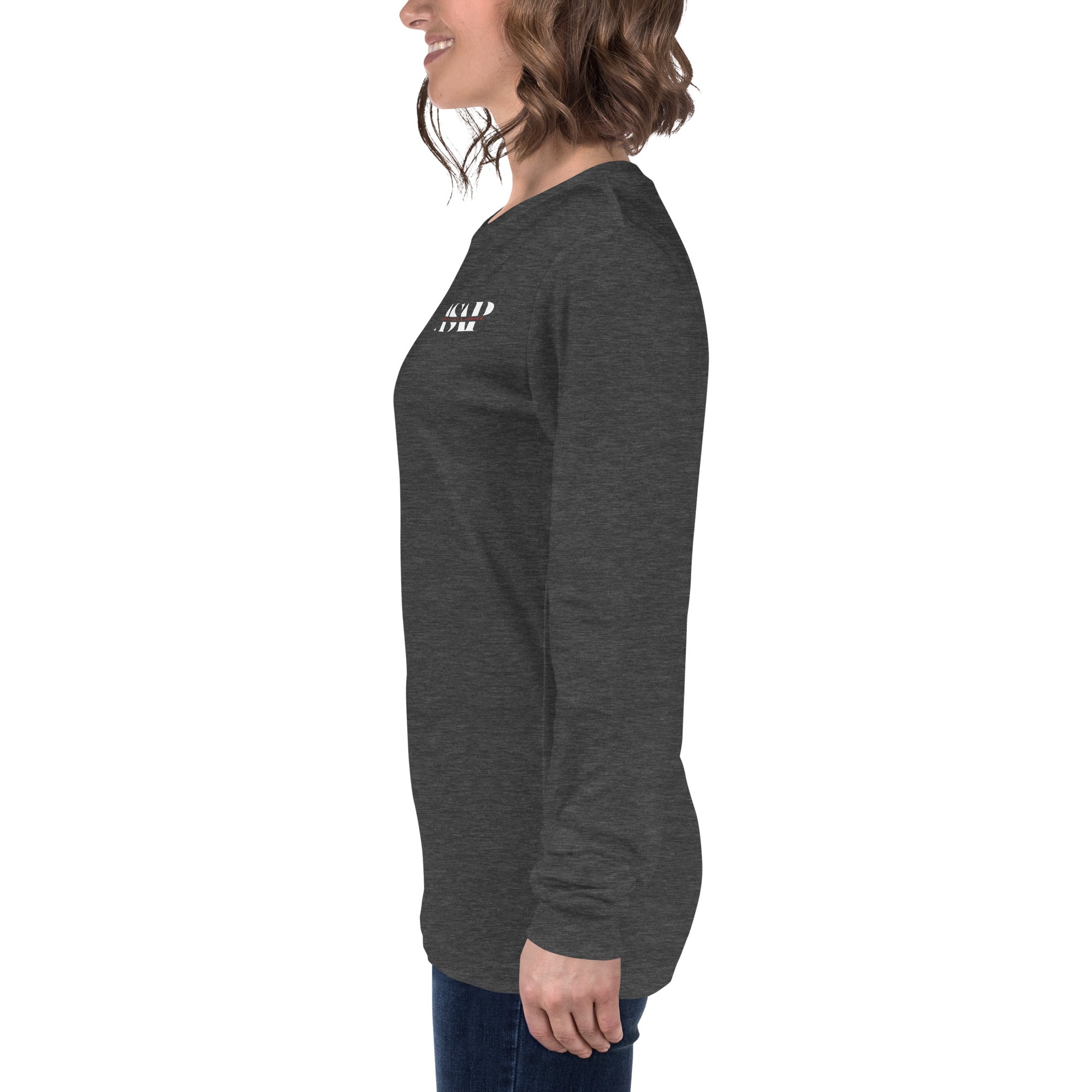 women wearing a long grey sleeve tee with white asap print