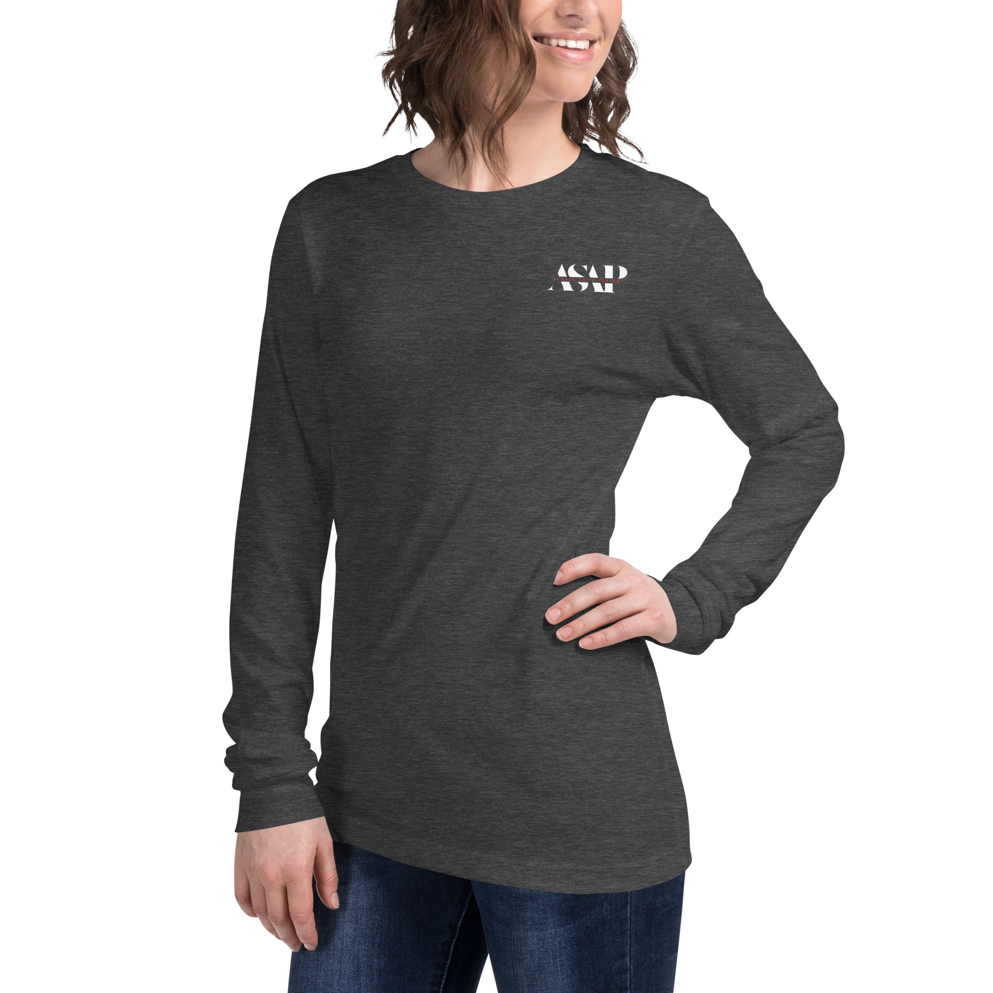 women wearing a long grey sleeve tee with white asap print