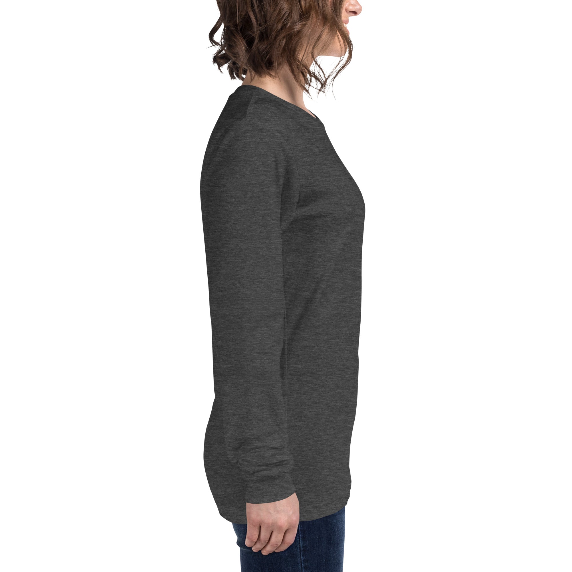 women wearing a long grey sleeve tee with white asap print