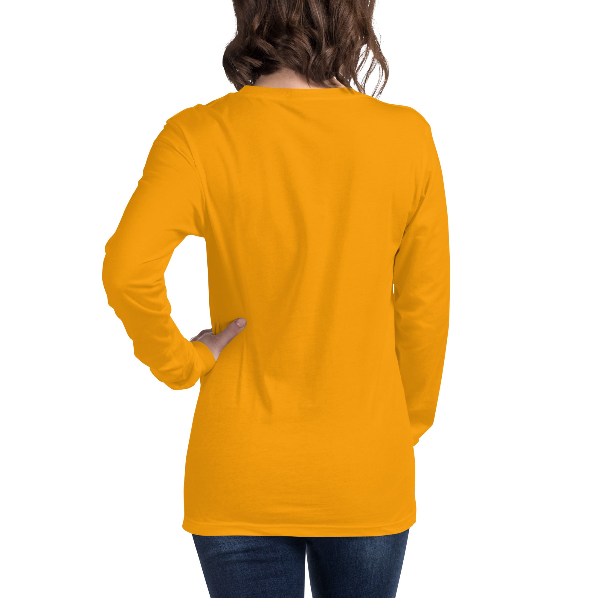 women wearing a long mustard yellow  sleeve tee with white asap print