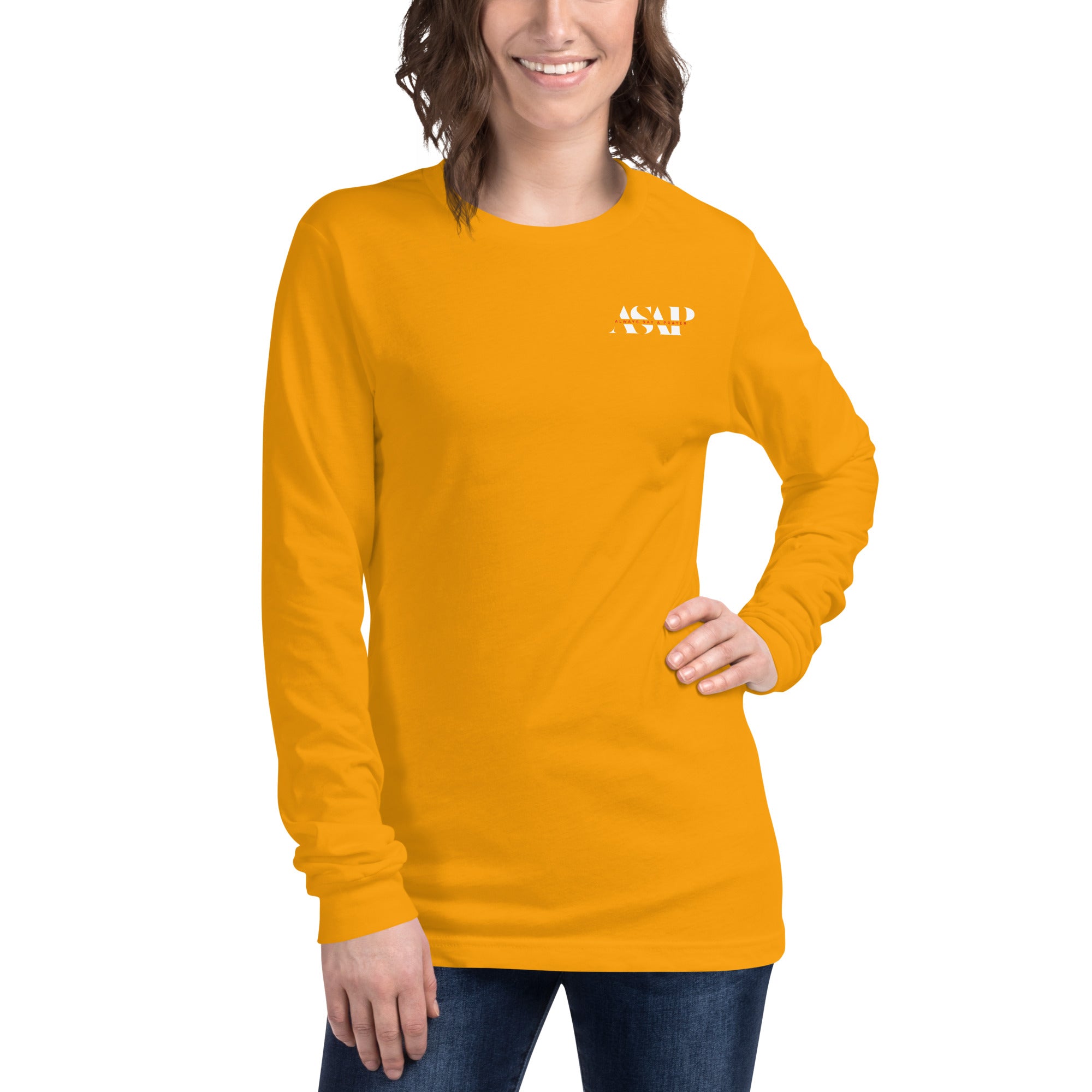 women wearing a long mustard yellow  sleeve tee with white asap print