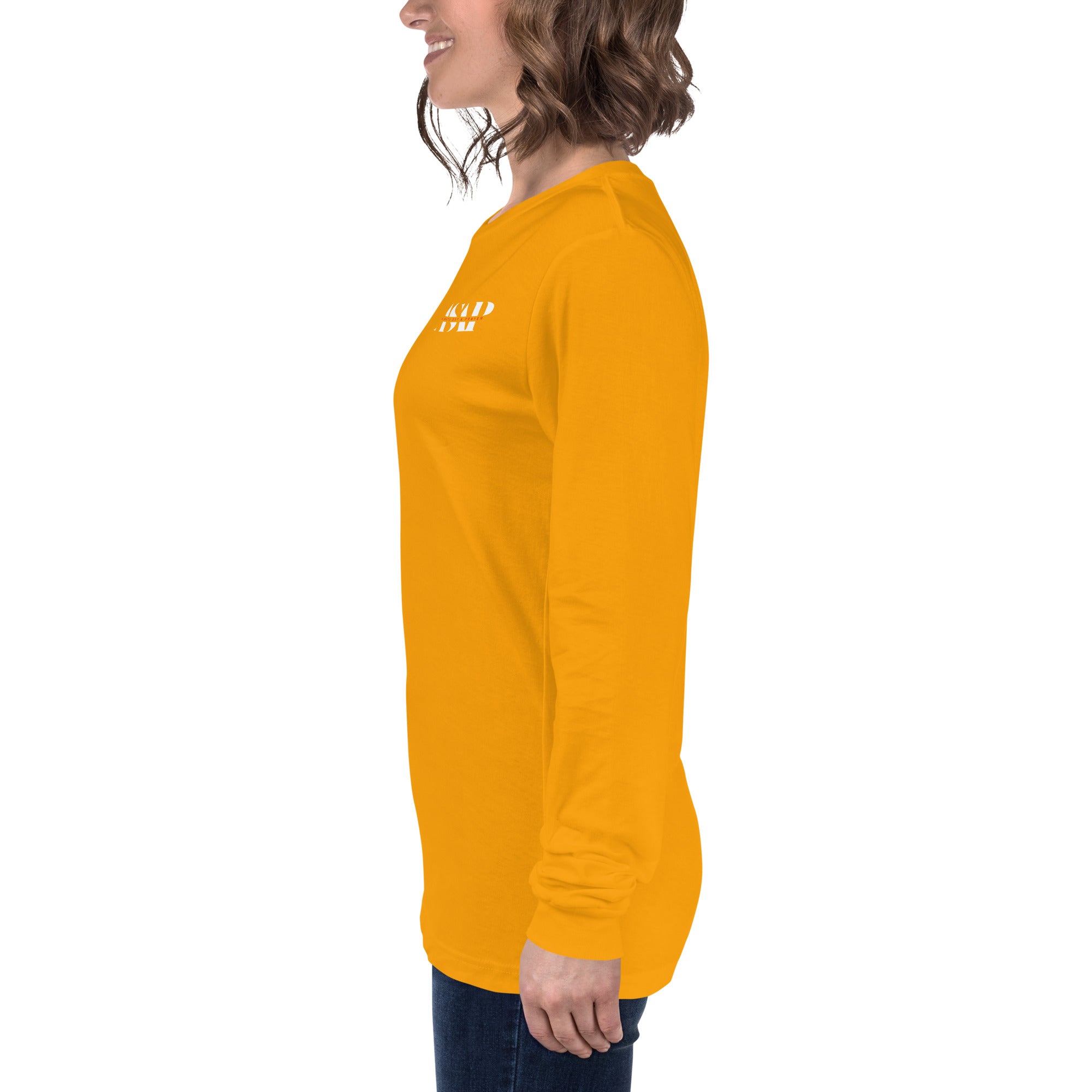 women wearing a long mustard yellow  sleeve tee with white asap print