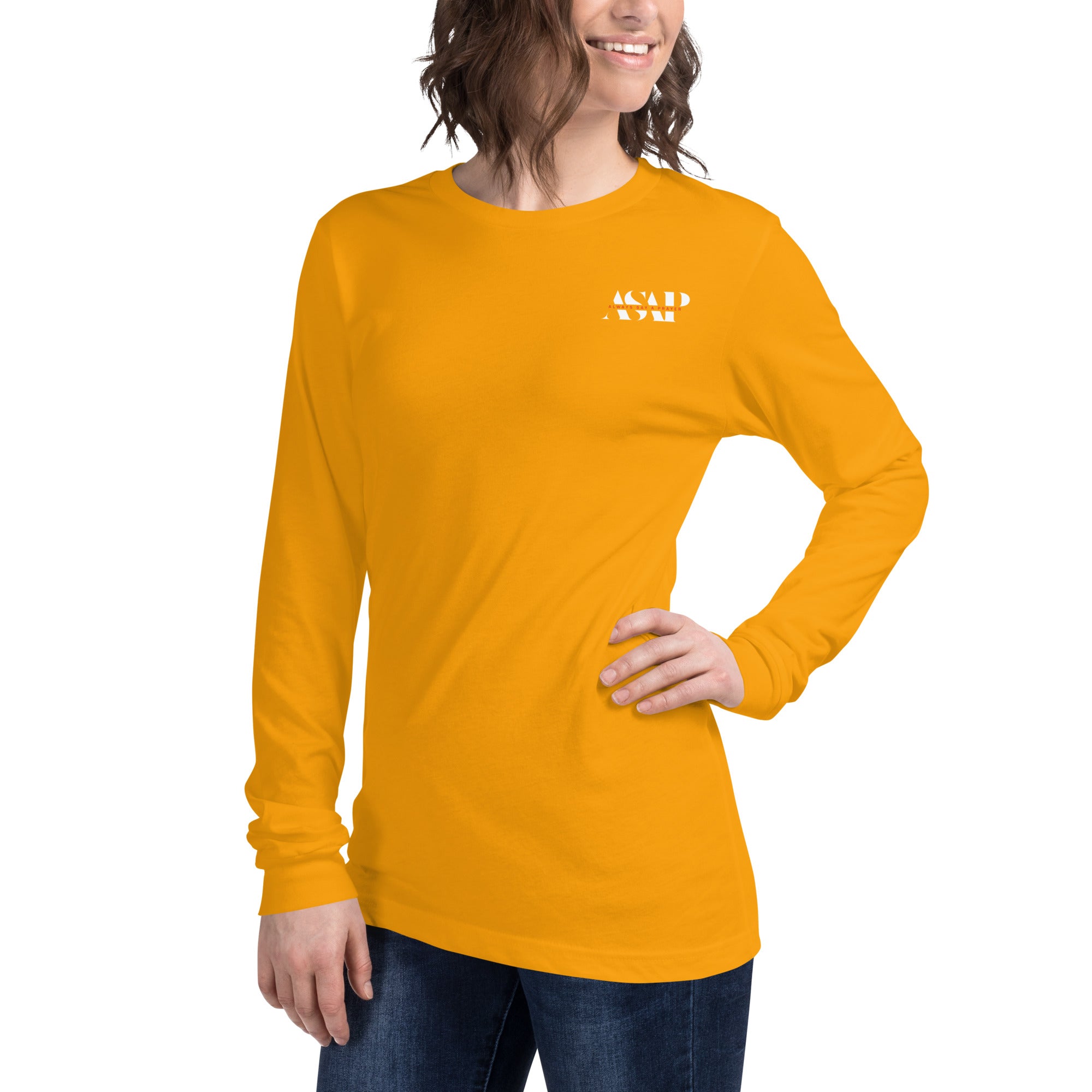 women wearing a long mustard yellow  sleeve tee with white asap print