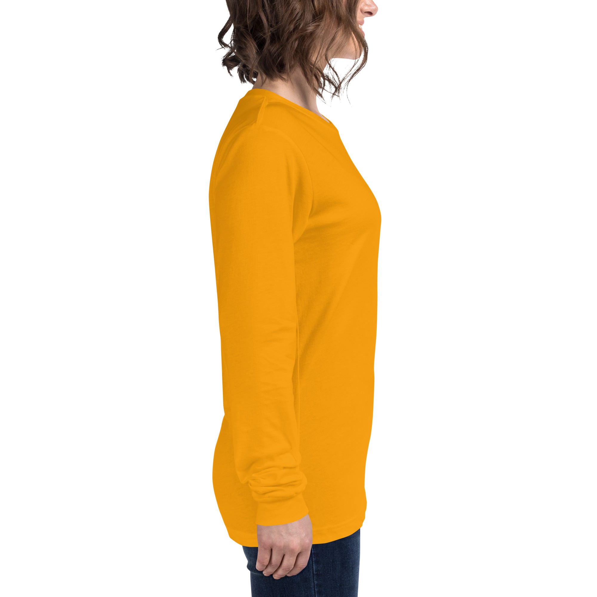women wearing a long mustard yellow  sleeve tee with white asap print