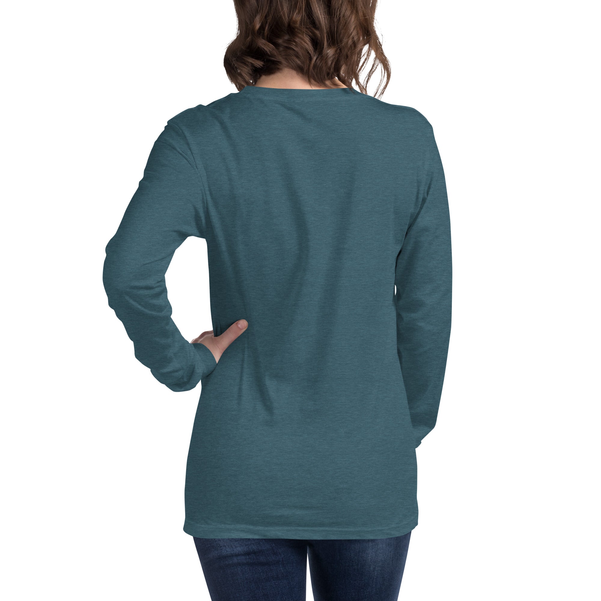 women wearing a long deep teal sleeve tee with white asap print