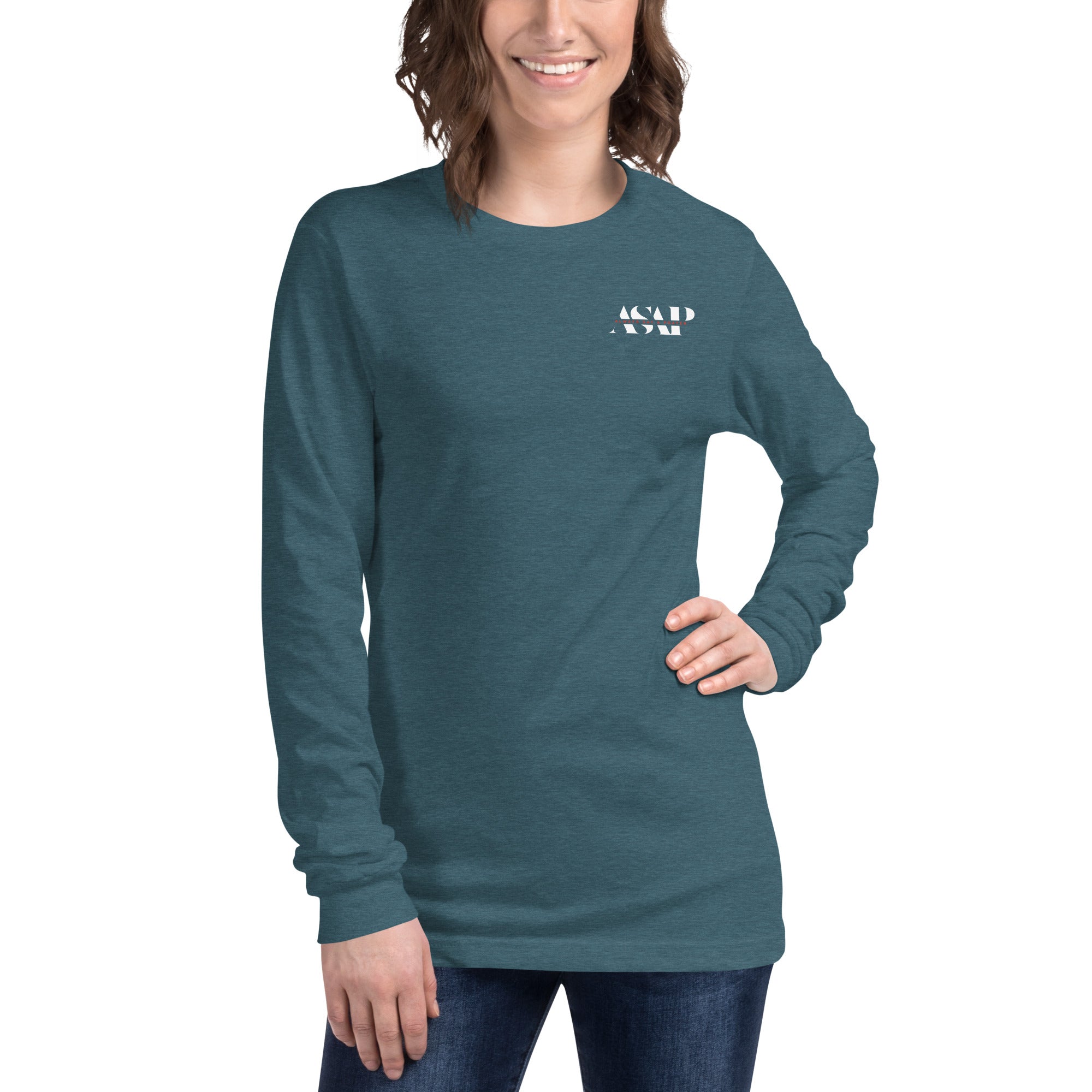women wearing a long navy sleeve tee with white asap print