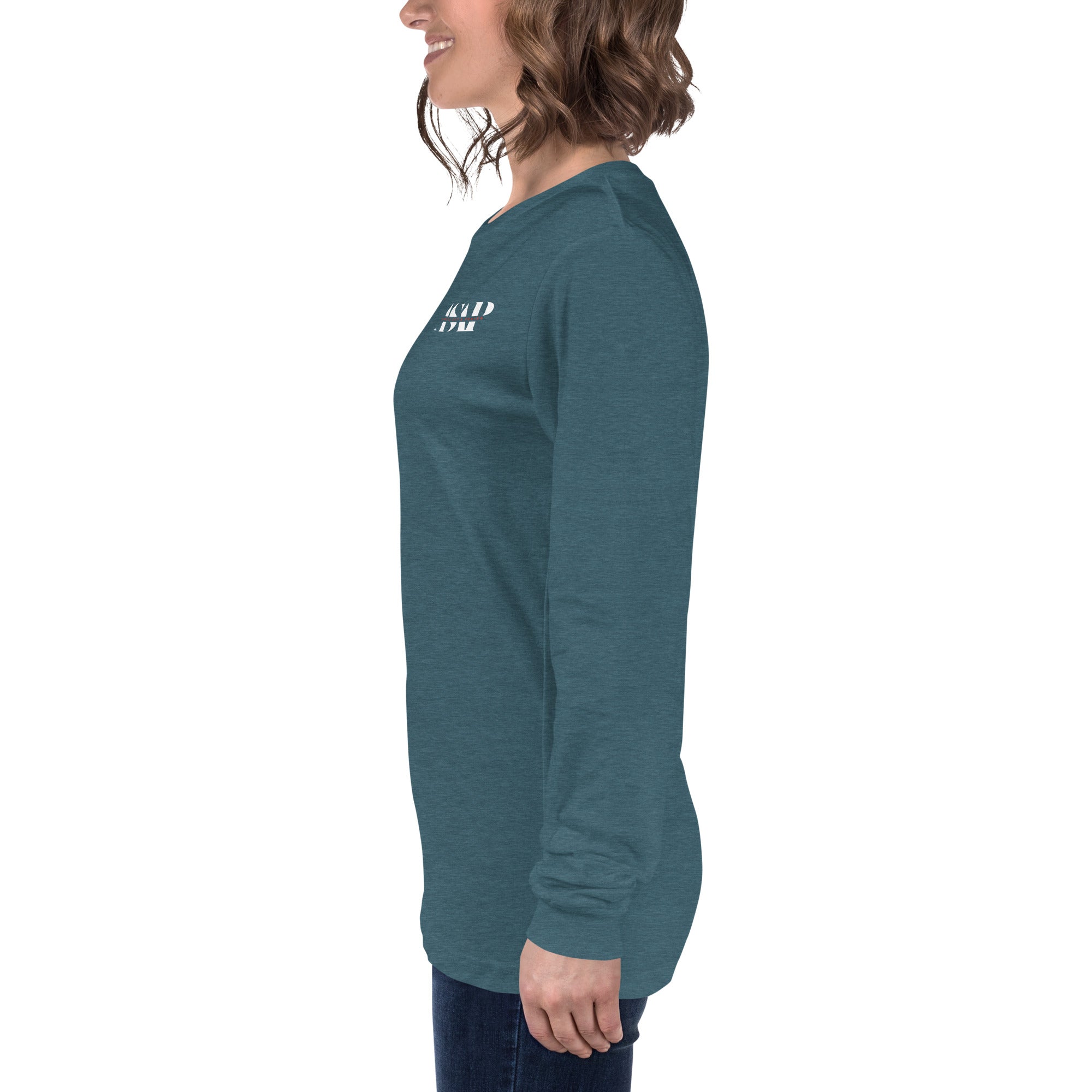 women wearing a long deep teal sleeve tee with white asap print