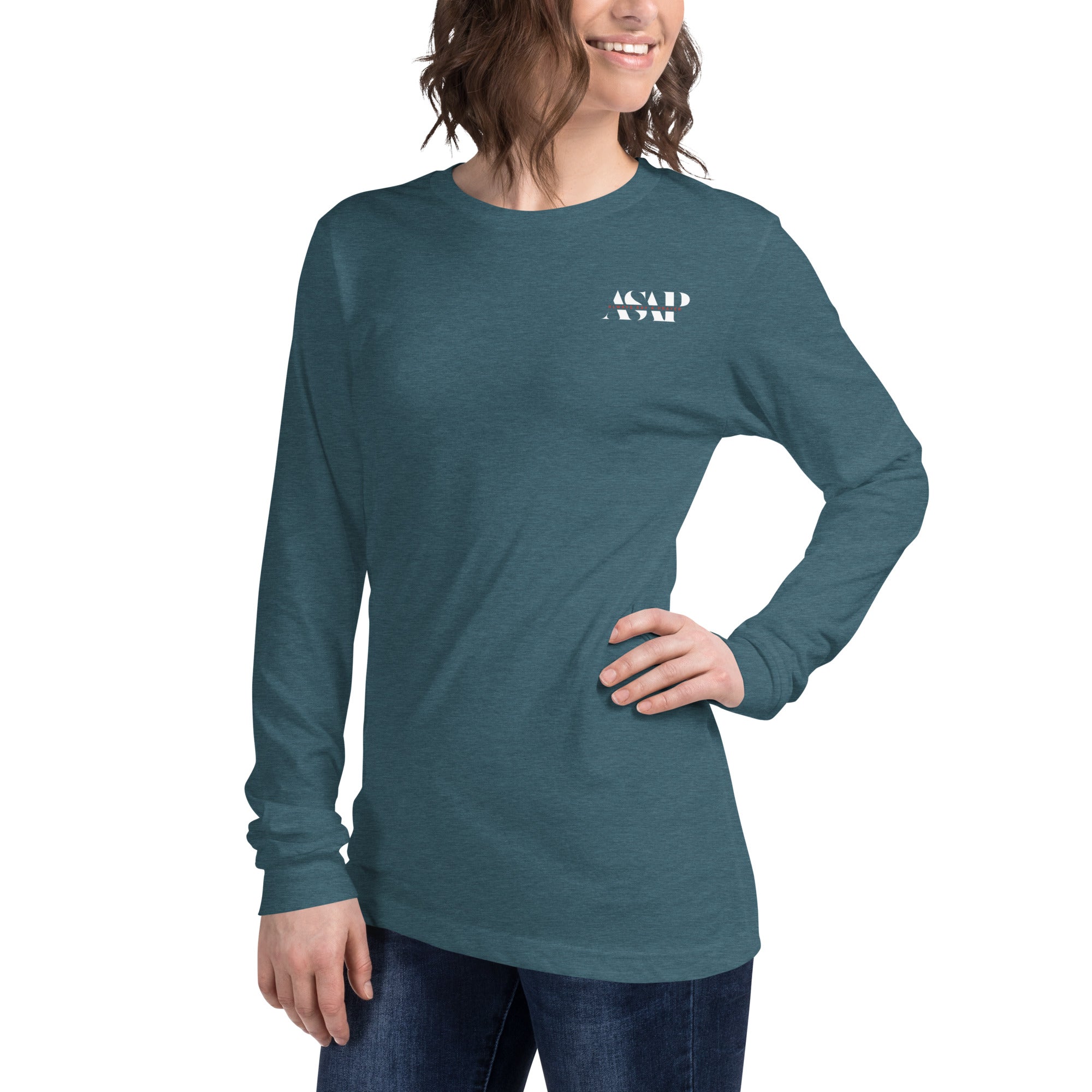 women wearing a long deep teal sleeve tee with white asap print