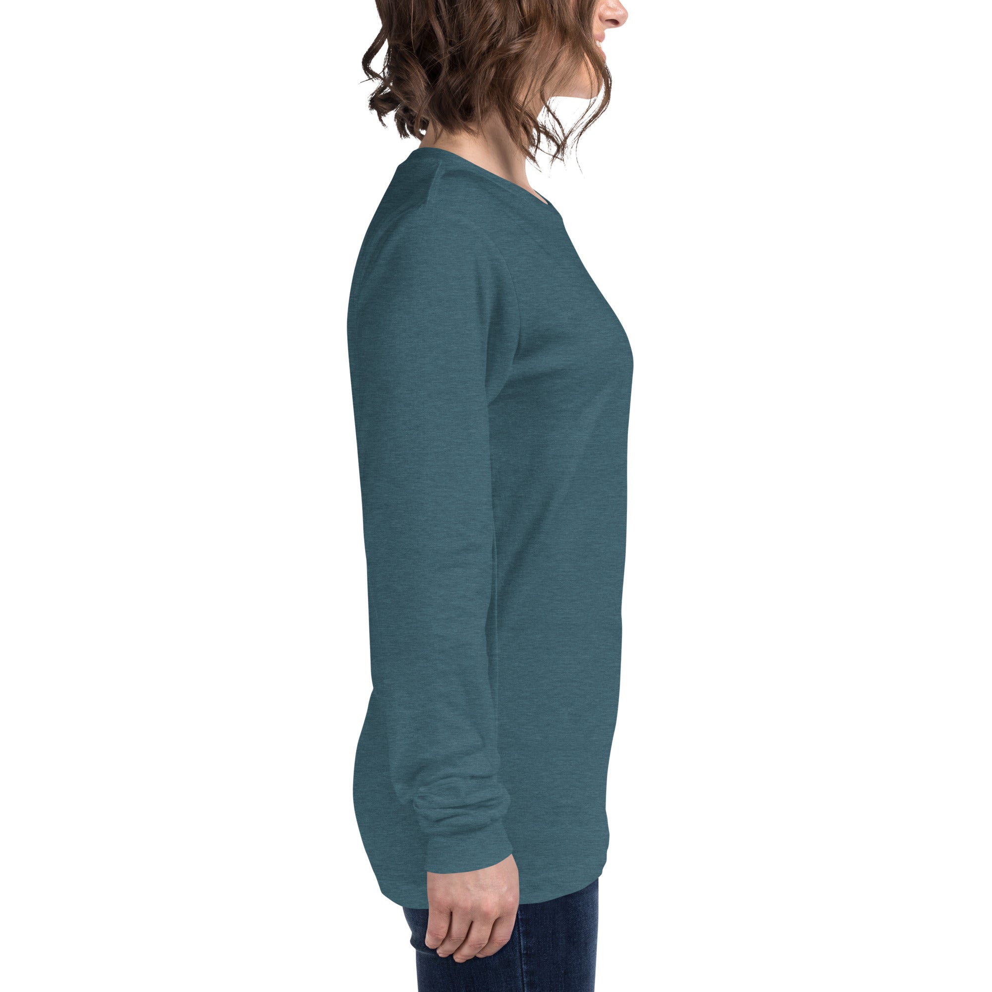 women wearing a long deep teal sleeve tee with white asap print